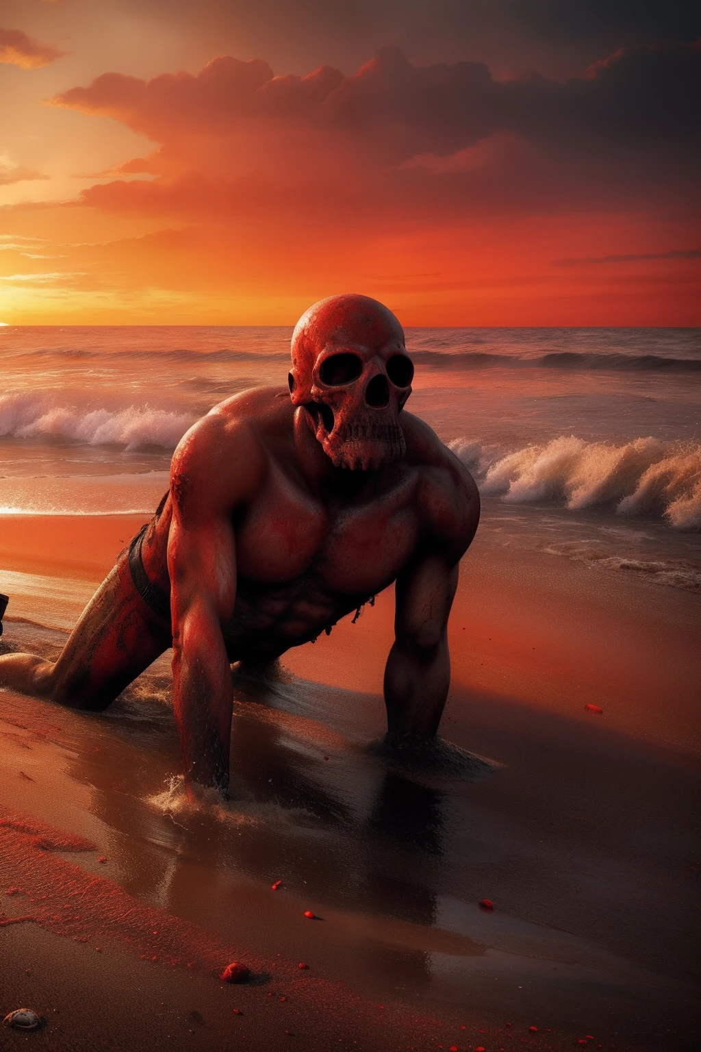 In rapidly polluted waters,There is a mutated human crawling from the sea to the shore,Vomiting mucus in the mouth,The facial features spray nausea,Unknown marine life,Armageddon,Wasteland,sandbeach,junk,dead body,The end of the world,blood red colored sky,8K