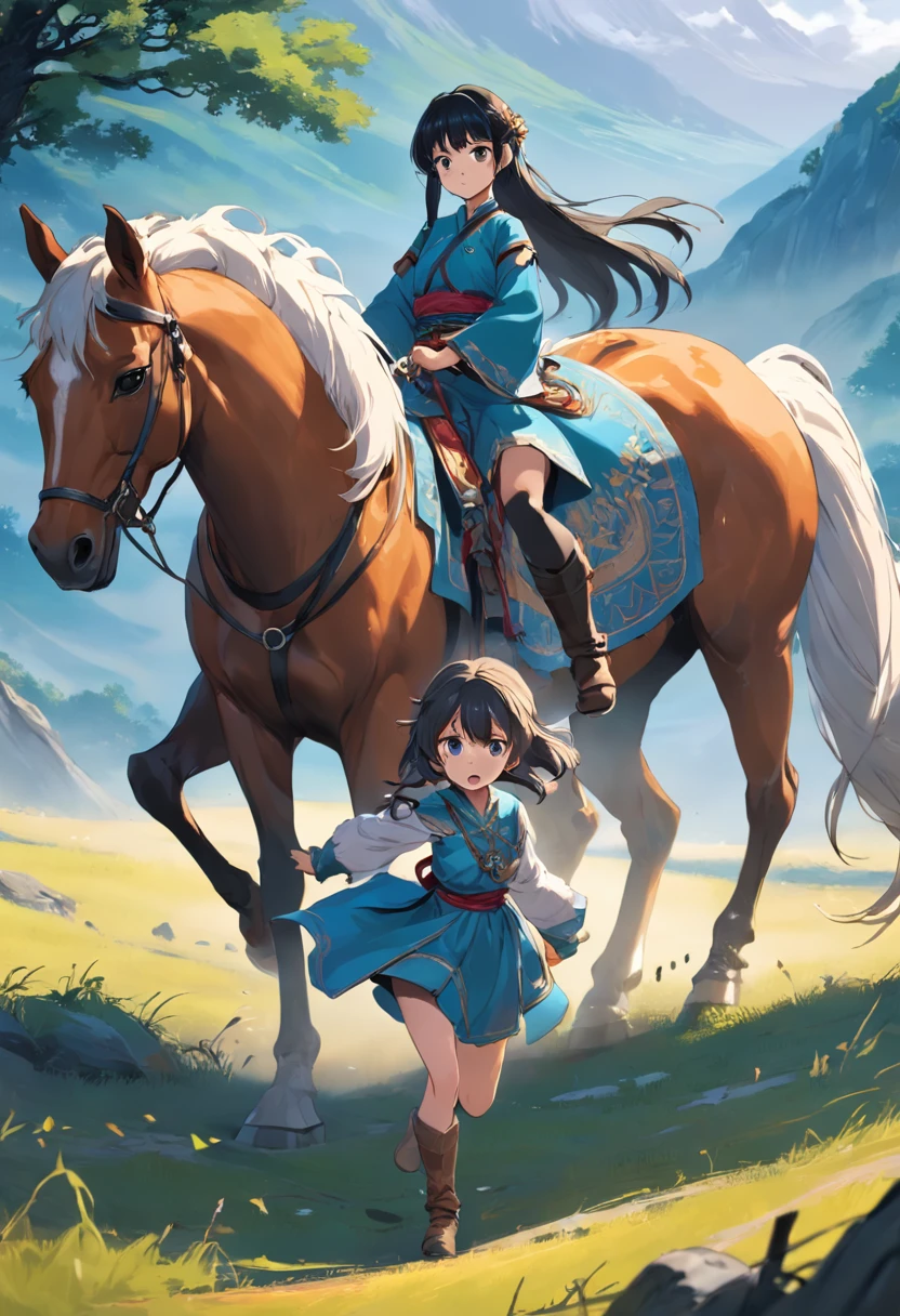 On the steppe there are yurts and a young girl rides a horse