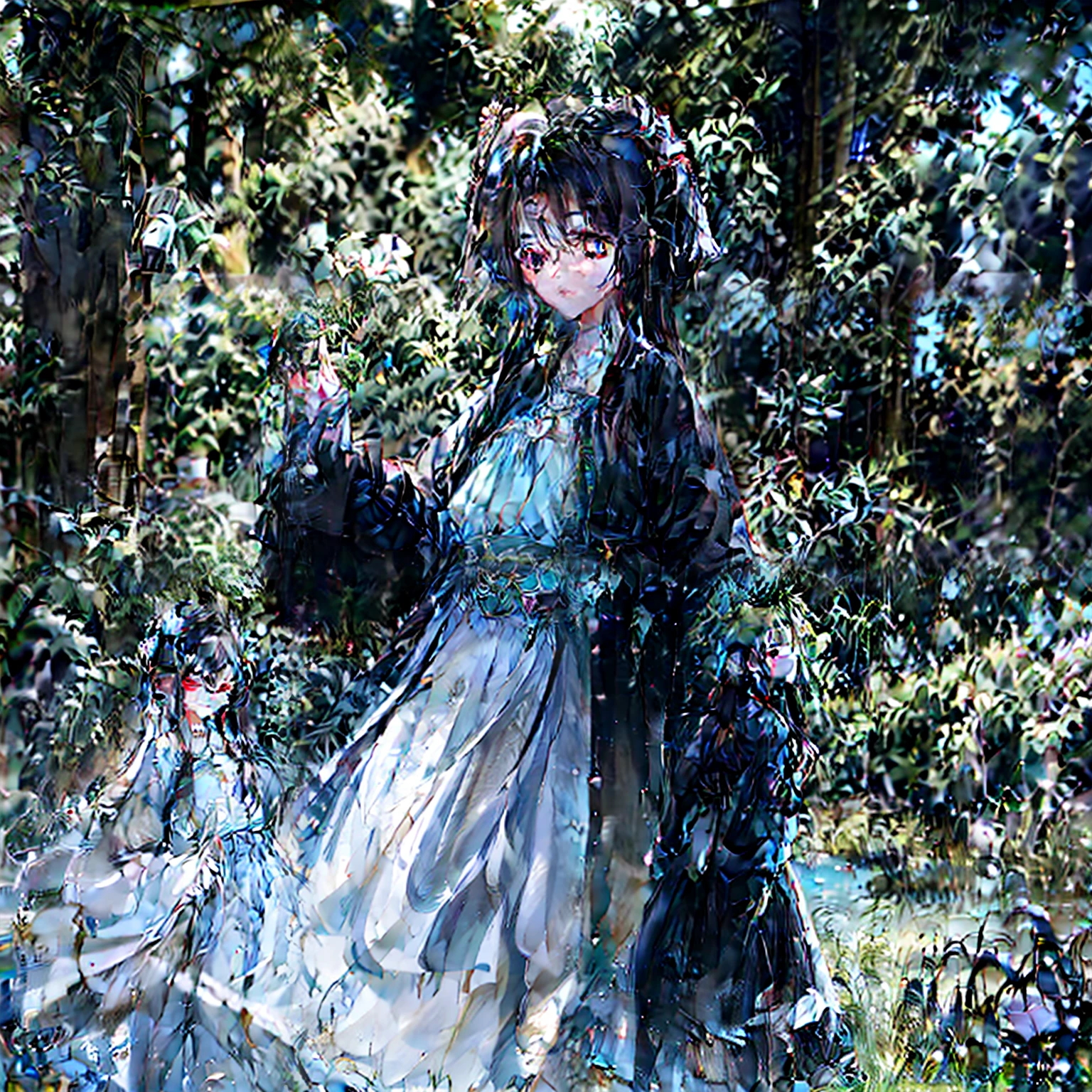 Beauthful,s girl,Need,gentleness,Blackn clothes,Black pupils,A dark-haired,Whole body diagram,ancient wind