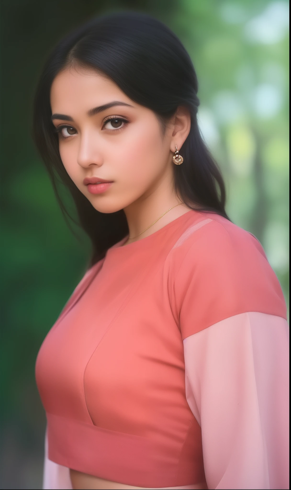 ((RAW, analog style)), face, extremely detailed full body color photo of a 25 y.o girl, beautiful face, beautiful eyes, ((small nose)), big natural lips, ((fabric crop top)), small breasts, slim body, outdoor, trees, ((film grain, skin details, high detailed skin texture, 8k hdr, dslr)), indian female model divya bharti