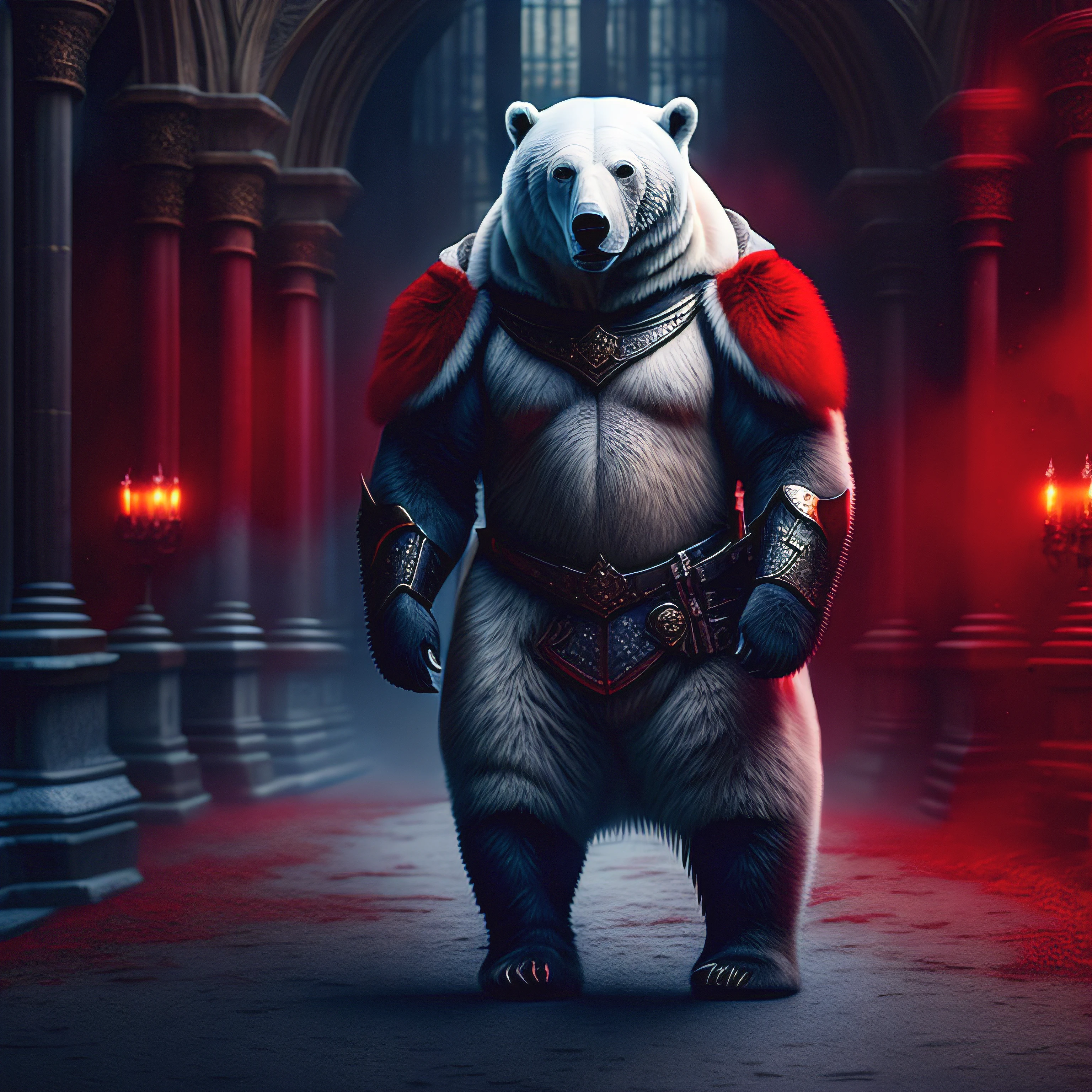 There's a polar bear standing dressed in blood-stained armor, dramatic cinematic detailed fur, fundo de uma guerra, urso machucado, 4k imagem