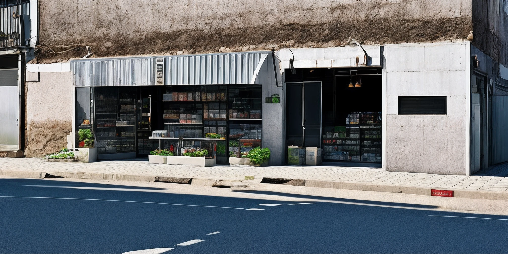 Township streets,Cold drink shop,Roller shutters,freezer,Cement pavement,Realisticstyle