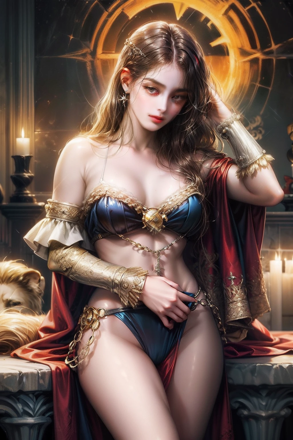 Arte estilo Frank Frazetta,(foto colorida RAW altamente detalhada, obra-prima, ultra detalhada), (Tema pirata medieval:1.3), (corpo inteiro:0.6), sozinho, 1 mulher branca (pele muito clara:1.3), handmade, captain of the ship, Crescer, Robusto, muito forte, um belo cabelo longo , olhos vibrantes, (olhos detalhados e rosto detalhado), olhando para o espectador, wearing a bikini made of lion skin with details like shiny rings and leopard tusks, noite de inverno ao fundo, standingn (a bordo de um navio: 1.1), couro e pele clima frio de inverno, beautiful night of overcast sky (nevoeiro: 1.2) (Chuva: 1.1) (inverno: 1.1) (obra-prima: 1.2) (illustration: 1.1) (melhor qualidade: 1.2) (detalhado) (intrincado) (8k) (HDR) (papel de parede) (cinematic lighthing) (foco nítido) (fotografia, soft illumination of dark sky, detalhes suaves, octana, trend artstation, ultra alto detalhe, Ultra realista, cinemactic, 16k, Arte Digital, arte inspirada em The Queen of the Black Coast por Robert Ervin Howard)