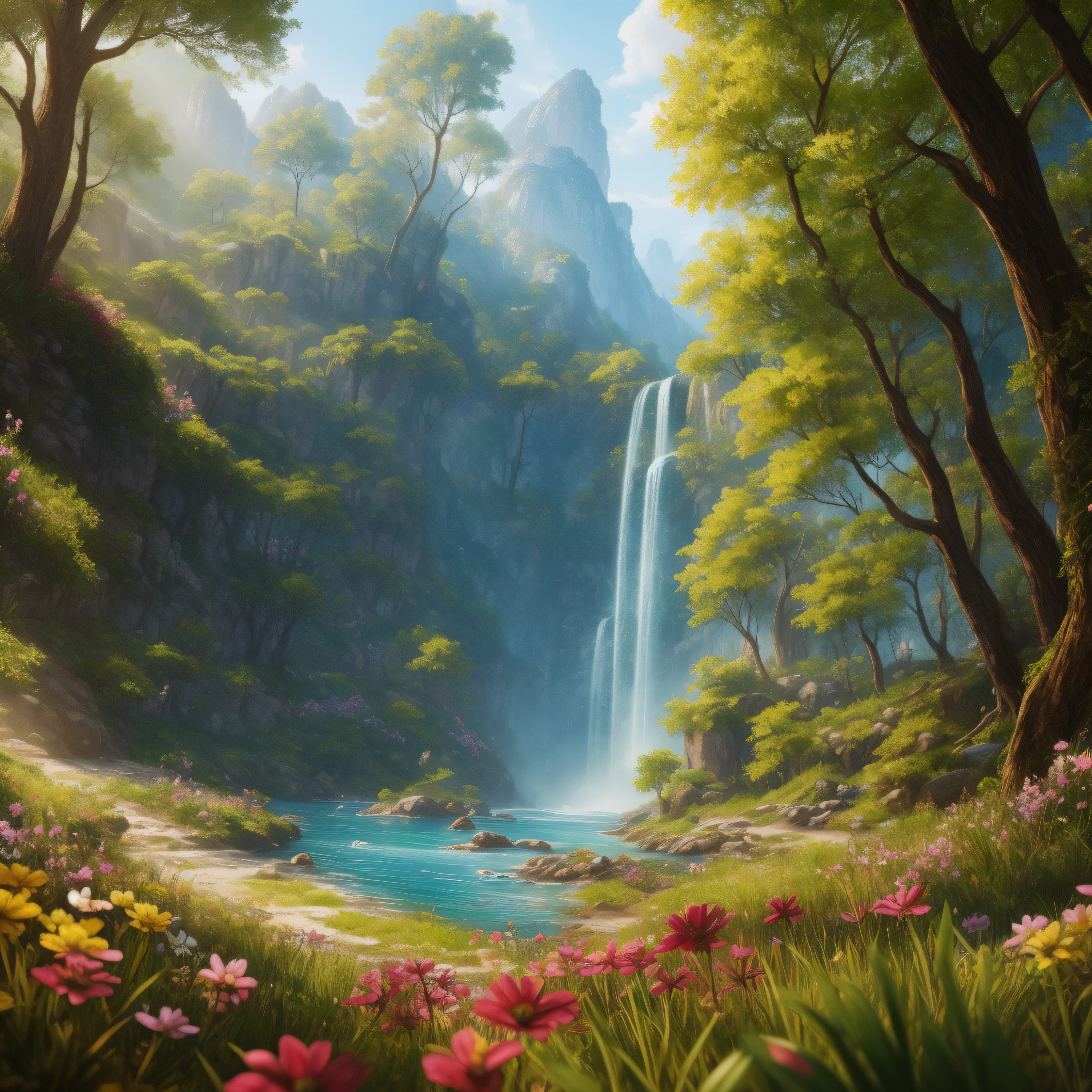 "Floresta densa e cheia de flores, natural lighting, oil painting, detailed matte painting, cores vivas, cores fortes, muita variedade de flores, multicolorido, Assassins Creed Odyssey's flora."