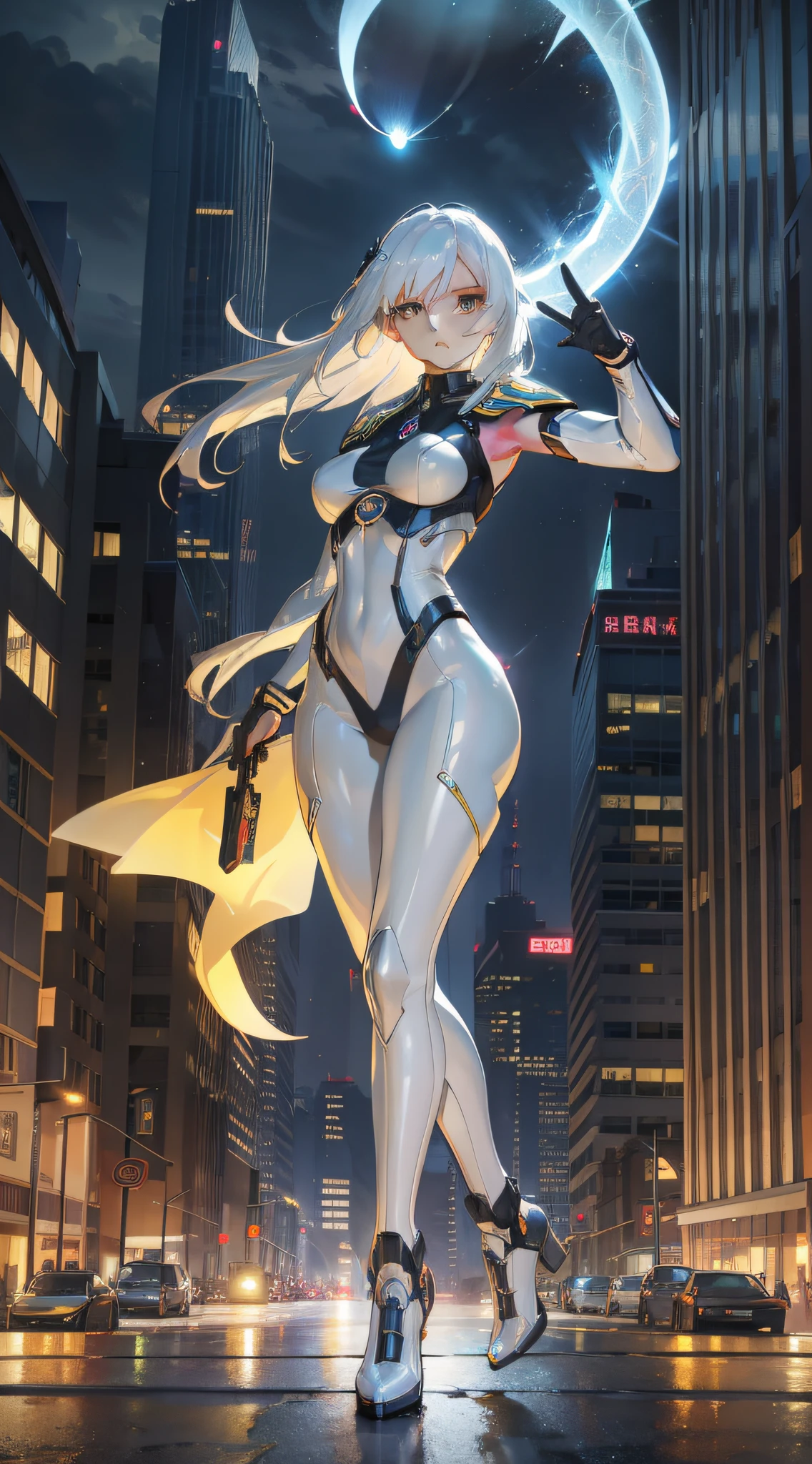 "Describe a scene of electric allure: A 19-year-old woman with cascading locks of ethereal white hair and piercing yellow snake-like eyes, confidently astride a sleek motorcycle. Clad in form-fitting attire that accentuates her figure, she navigates the bustling nocturnal streets of a sprawling metropolis. The city's bright lights cast mesmerizing reflections upon gleaming surfaces, enveloping her in an otherworldly glow as she captures the essence of urban adventure and mystery."