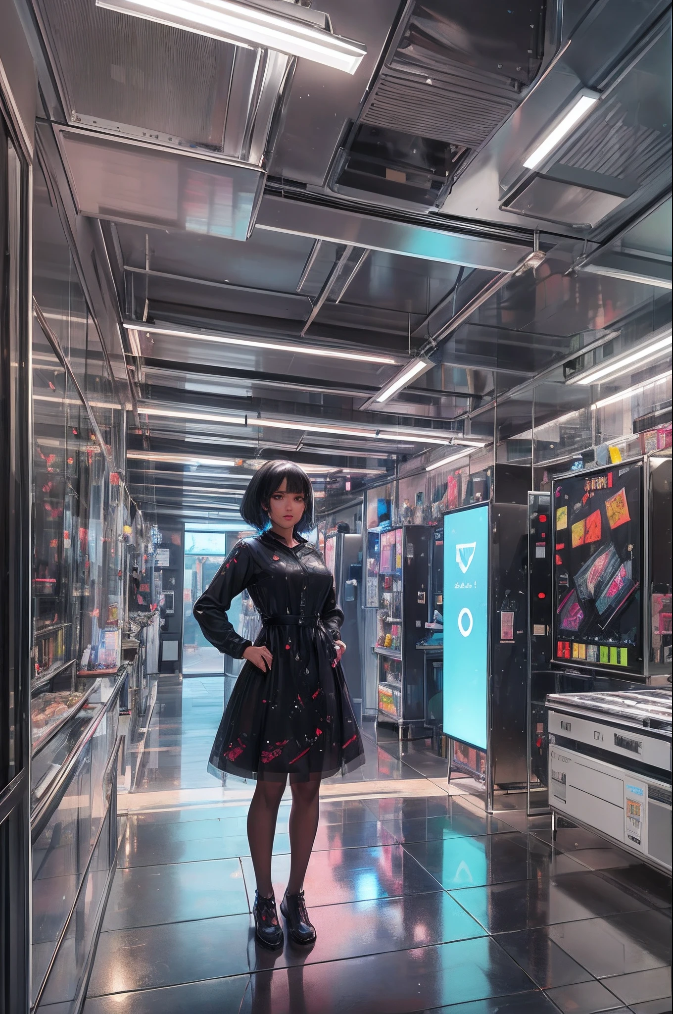 A black girl in a reflective dress, standing in a room full of, a bunch of cubes with a light on them, abstract blocks, with iridescent light, highly detailed images, vibrant beautiful colours, photorealistic image, 8k, ultra HD, unreal engine rendered, cinematic lighting, artgerm style, --auto --s2