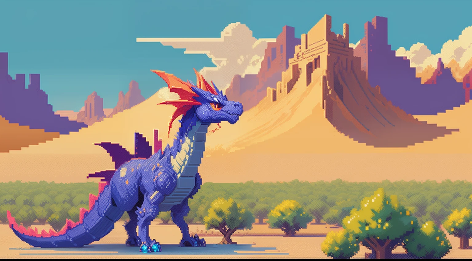 Pixel image of a dragon, A desert，blue-sky，baiyun，depth of fields，Dragon pixel art, 1 0 0 0 x 1 0 0 0 pixel art, pixel art sprite, videogame sprite, high quality pixel art, Pixel art vintage Digimon bitmap, For red and blue Digimon，Pixel uh, 32-bit pixel art, pixel art 8 - bit, pixelart style，Colors are vivid and highly saturated