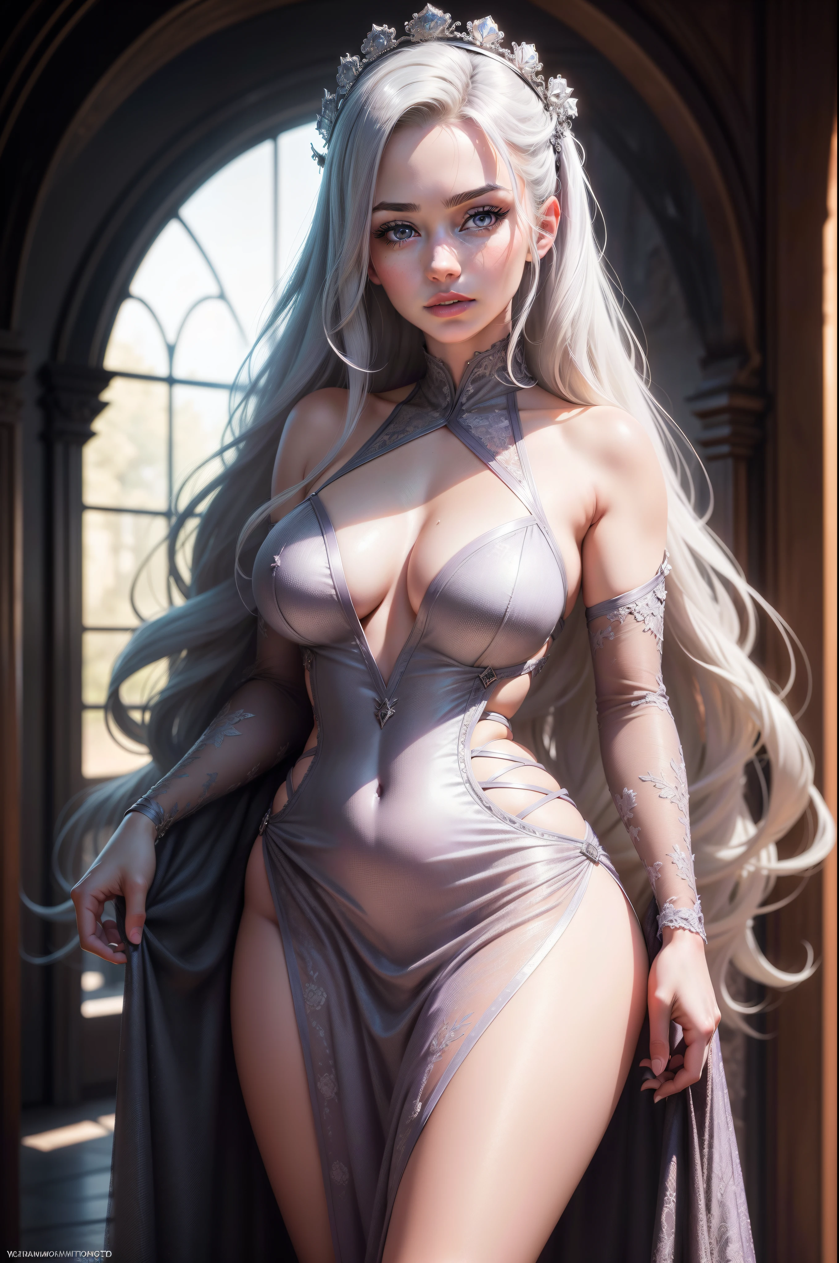 photo of (CyberDutch_V2:0.99), a woman as a sexy TikTok influencer, modelshoot style, (extremely detailed CG unity 8k wallpaper), photo of the most beautiful artwork in the world, professional majestic (photography by Steve McCurry), 8k uhd, dslr, soft lighting, high quality, film grain, Fujifilm XT3 sharp focus, f 5.6, High Detail, Sharp focus, dramatic, Wearing a sheer sundress, (looking at viewer:1.2), (detailed pupils:1.3), (natural light), (closeup:1.2), (seductive) , Very long silver Hair, Violet Eyes, photo realism, Castle, Instagram Model, Real Woman, Naked, Game of Thrones, Curvy body, Fantasy, Visible, Anne Hathaway