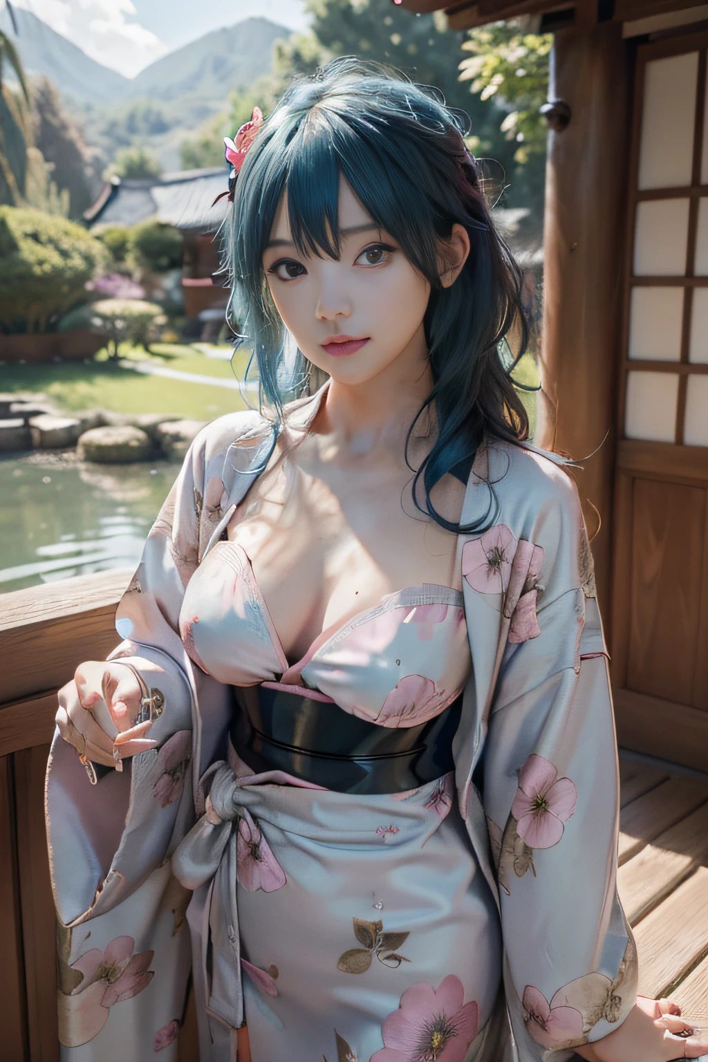 huge tit、​masterpiece, (reallistic:1.4), Live Action、cute little、a beauty girl、idol、realisitic、surrealistic, (((bath robe)))、top-quality, image perfect, 独奏, Japanese garden, byleth(femele), breastplates, blue hairs ,Skysky, Pink glow, florals, floating hearts,Kimono,