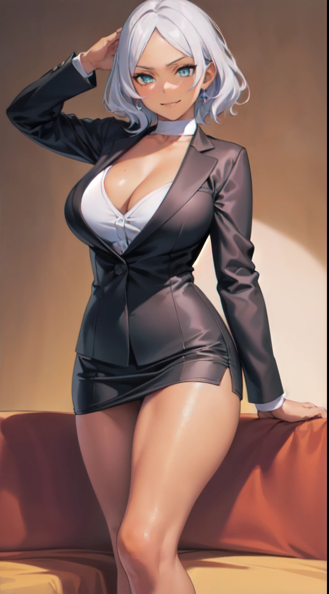 (masutepiece:1.5), the Extremely Detailed CG Unity 8K Wallpapers,(Realistic,Photorealsitic,hyper realisitic:1.5),(Curve,Model,glamor:1.5),(A slender:1.4),Beautiful breasts,Farbe_aberration,beautiful detailed shadow,Beautiful eyes,Beautiful body,Beautiful skin,beautifull hands,,(Double eyelids,beautifully detailed eyes、Eyes Like Gems、radiant eyes:1.4),(Ceseriadot:1.5), shorth hair,(masterpiece, top-quality, absurderes, perfect anatomia), (1girl in, 独奏:1.5), (shorth hair,silber hair), on the beds, cleavage of the breast, seducting smile, OL,Black pantyhose, Miniskirt, Blouse, Blazer, pump, OL Mature Mature Mature Woman Back View,Pose like a model,Modern room、