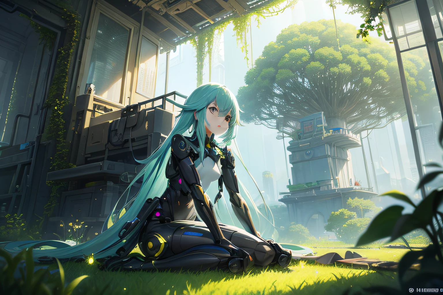 Items: Robot-like girls
Condition: Bright morning, sunlight streaming in, the chirping of birds
Theme Style: Harmony between technology and nature, a fantastical atmosphere, warm pastel colors, a combination of futuristic and realistic elements, intricate details of the ecosystem, a theme of hope and empathy, anime-inspired
blurry background,