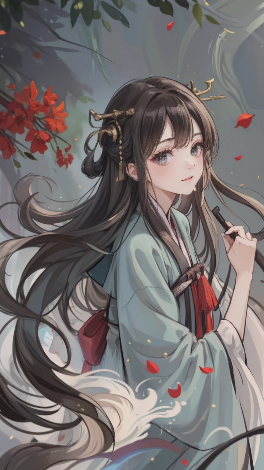 "the Extremely Detailed CG Unity 8K Wallpapers,tmasterpiece,Best picture quality,【😊Colored Forest,depth of fields,A large number of splashed droplets:1.2,petals,Toys surround,ventania,Foliage,grassy fields,volumettic light】brunette color hair,chineseidol,Be red in the face,Hanfu,ssmile,Half of your body is in water,Chinese style Hanfu,Air bangs,