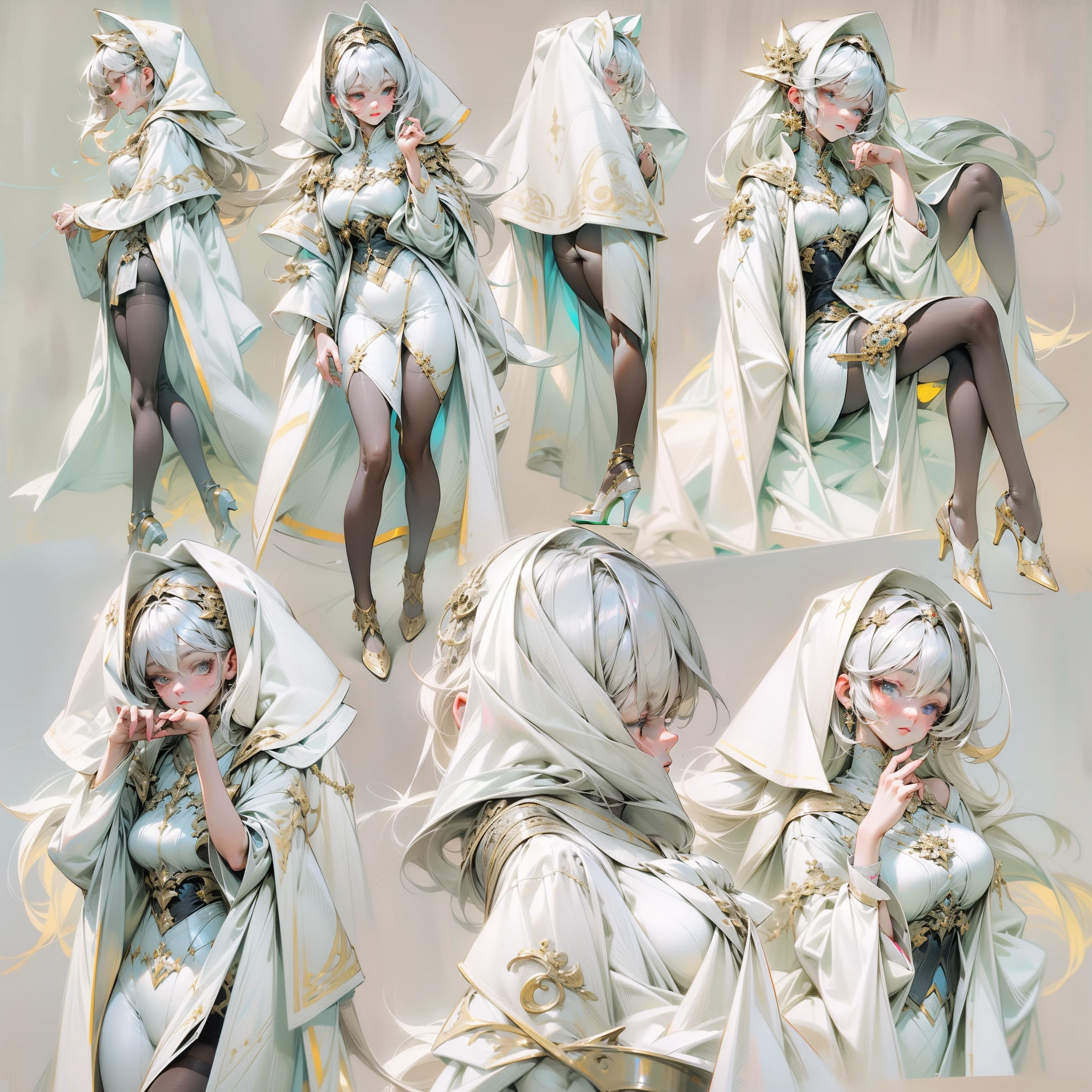 ((Masterpiece, Highest quality)), Detailed face, CharacterDesignSheet,full bodyesbian, Full of details, Multiple poses and expressions, Highly detailed, Depth, Many parts,beuaty girl,cinmatic lighting,with light glowing,White robes,lacepantyhose,high-heels