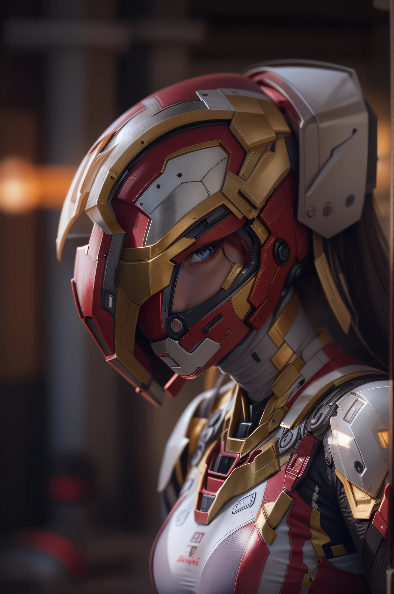 ultra - detailed, Beautiful and aesthetic, big breasts beautiful, tmasterpiece, Best quality at best, RAW,tmasterpiece,ultra fine photos,best qualtiy,超高分辨率,Photoreality,rays of sunshine,full-body portraits,stunningly beautiful,,dynamicposes,delicated face,vibrant eyes,(seen from the side),She wears a futuristic Iron Man mech,Red and gold color scheme,Very detailed abandoned warehouse background,detailed face with,Detailed and complex busy background,untidy,opulent,milkyW,Highly detailed skin,Realistic details of skin,Visible Pore,tack sharp focus,volume fog,8k uhd,digital SLR camera,high qulity,filmgrain,White skin of the,photo-realism