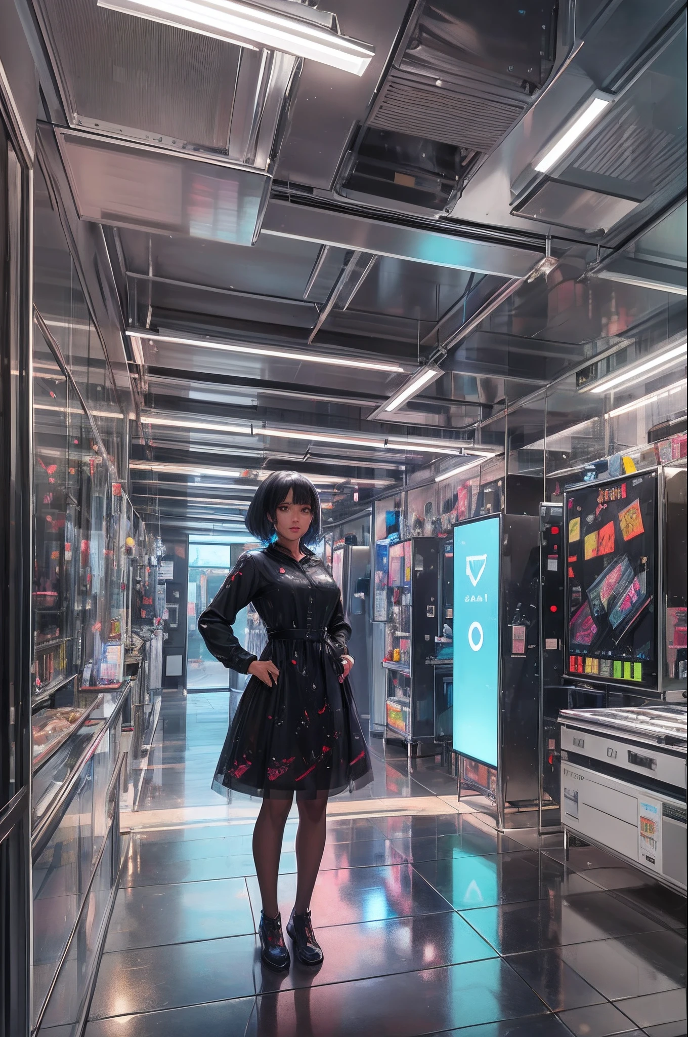 A black girl in a reflective dress, standing in a room full of, a bunch of cubes with a light on them, abstract blocks, with iridescent light, highly detailed images, vibrant beautiful colours, photorealistic image, 8k, ultra HD, unreal engine rendered, cinematic lighting, artgerm style, --auto --s2