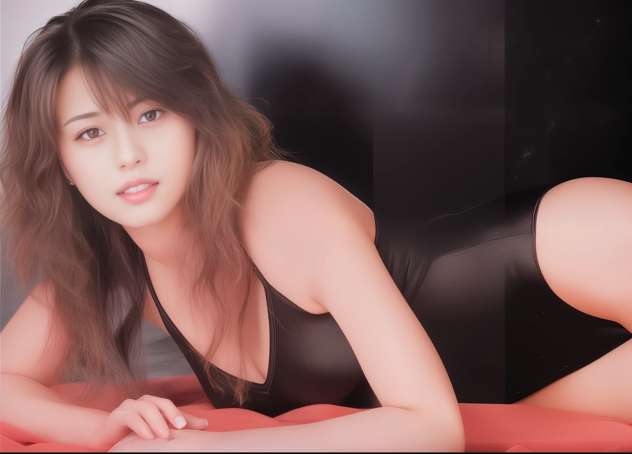 (((Cute smile))),(((Beautiful face))),(((Cute 23 year old cute girl:1.3))), raw, Colorful, Sharp Focus, Delicate and beautiful composition, (Sini particles), (Bright dust particles), Best Quality, (Realistic), High quality, Ultra Detail, (realphoto), (Realistic) ,(Realistic skin), (Realistic body) ), (Complex Detail), (Latex skin:0.8), (Detail skin:1.3), (Perfect luster:0.6), (slim:1.2), (Beautiful big eyes:1.2) ,Round eyes, Pretty Face,(1girl in:1.2),[:(Detailed face:1.2):0.2],Sparkling eyes,(pureerosface_v1:0.2),, Realistic moist skin, Dark hair,8K UHD, Digital SLR, High quality, Film grain:1.3, Realistic, Slim waist, there is a woman laying on a bed in a black swimsuit, young sensual gravure idol, sophisticated gravure idol, realistic young gravure idol, young pretty gravure idol, young gravure idol, young skinny gravure idol,