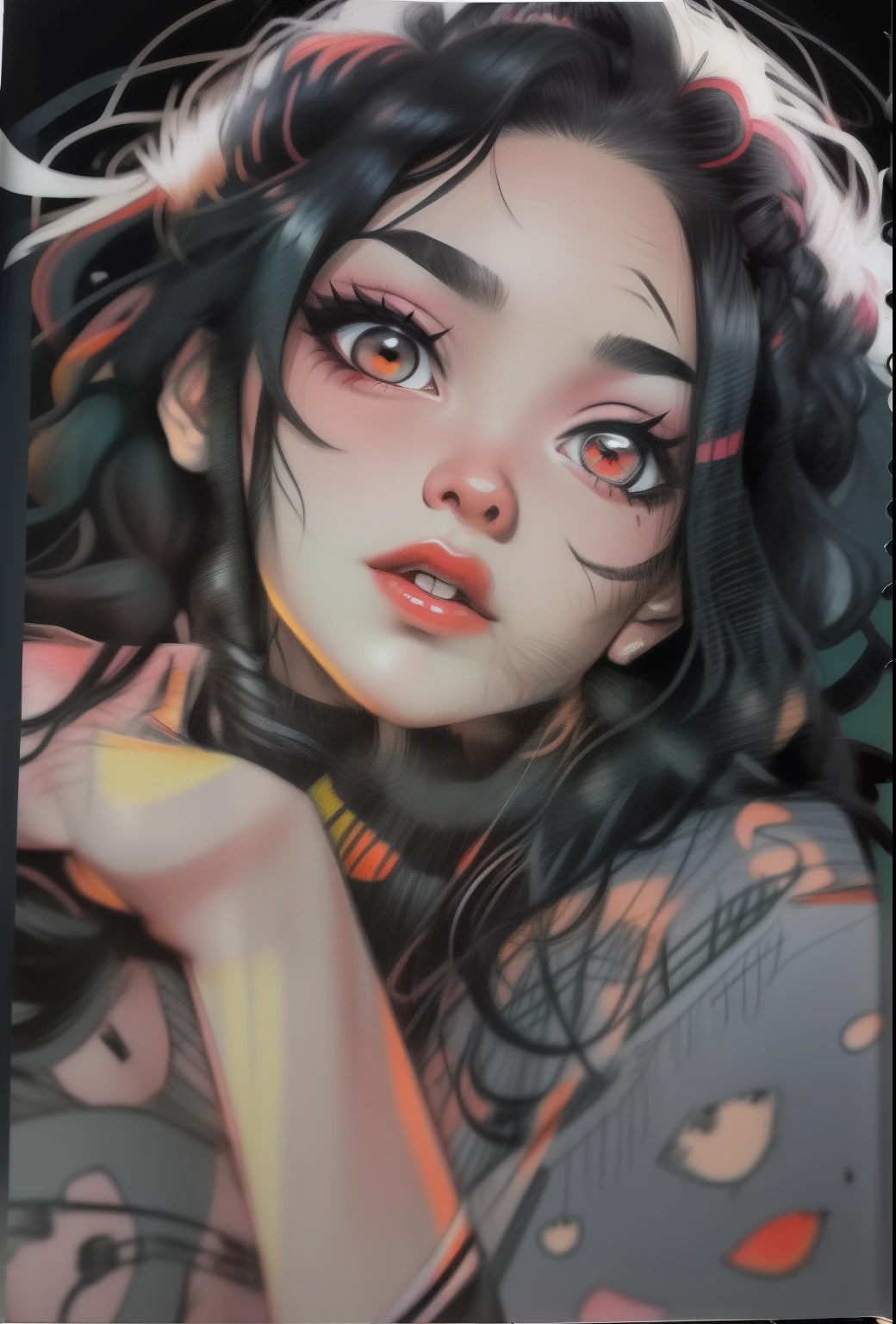 (comic artstyle), age uncensored, Black hair, lower to up shoot, ,Teenle, full bodyesbian, Nezuko Kamado, Demon Killer, Kimetsu no yaiba, Masterpiece, Color pieces, sketchbook, handpainted, Dark, grittiness, realistic sketch, Rough sketch, A mixture of dark thick and loose lines, Bold lines, On paper, The character table is distorted, Girly woman, full bodyesbian, mysterious, Smooth black background, Bright vector ((Black background))