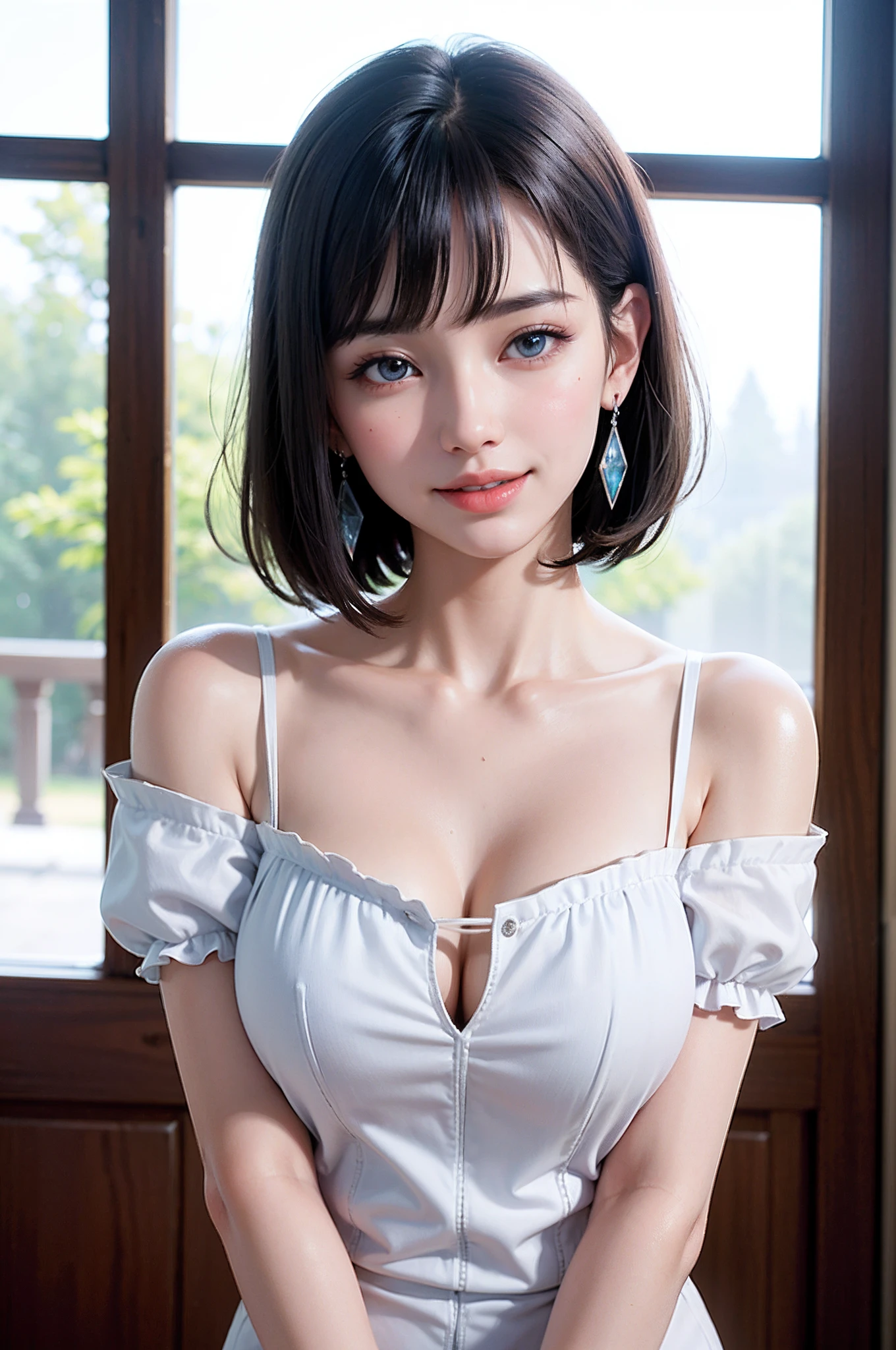 (high-level image quality、high-detail、hightquality、hight resolution、Draw everything in high resolution、masuter piece)、Very intense crystal light blue eyes、pale blue eyes、Smaller diamond-shaped earrings、Look firmly at the camera、Keep an eye on your audience、Put your ears out、very short black hair with a beautiful sheen,,、Beautiful very short beautiful hair with bangs、Show off all the beautiful décolletés、Showing off your beautiful collarbone、Beautiful 28 years old、lipgloss、long neck、laughing very happily、Smiling very happily、Very smile、Beautiful teeth alignment、Beautiful teeth、Beautie、Pretty Woman、Business shirt with a snow-white collar with open chest、A pure white blouse that opens to the chest、Shirt with rolled up sleeves、Wide Open Color、illuminate the back with very strong light from the windowsill,,、Very immaculate background、Really snow-white background、Slightly bigger eyes、Brings intense light to the eyes、Rather wide shoulders and beautiful、tall supermodel、Long-legged supermodel、Female sexy、tilt your face slightly、Turn your face slightly to the right、Watch your audience carefully、
