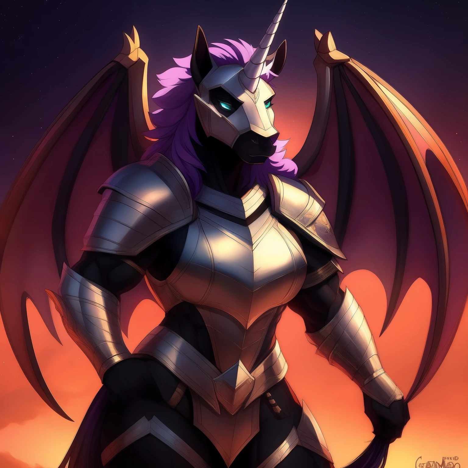 muscular_mature_horse female faded_dark_purple_mane ethereal_mane black_furry_body teal_eyes cat_eyes solo Masterpiece best_quality absurdres highly_detailed cleanly_drawn_eyes heavy_plate_armor fangs bat_wings helmet purple_eyeshadow starry_mane long_black_unicorn_horn horse_snout anthro_only seductive_gaze sultry by_claweddrip by_greasymojo