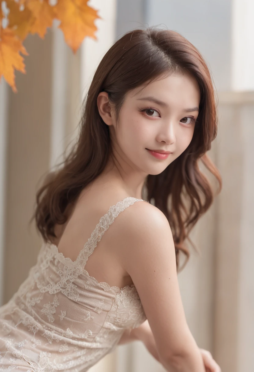 Small eyes、double tooth、Long rolled hairstyle、Little Fat Woman、20yr old、A dark-haired、a smile、Autumn landscape、Hair illuminated by the sun、hitornfreckles、tiny chest、Round butt、Camisole、undergarment、full bodyesbian、Light coming in through the window、Sexy back view