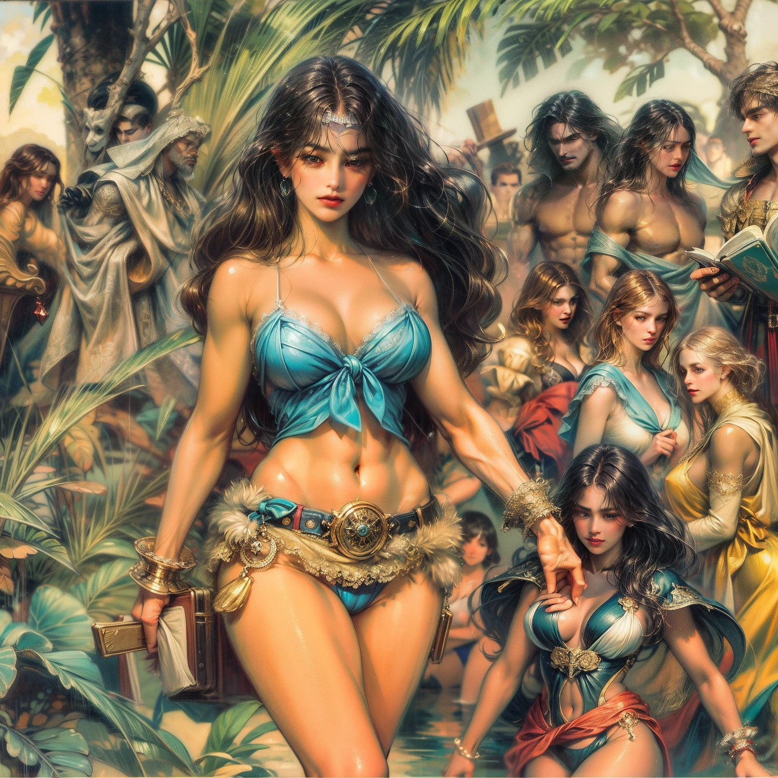 Arte por John Buscema similar. selvagem,mulher guerreiro, nua,cabelos negros compridos,olhos escuros sombrios,voluptuosa,usando tanga de tira, wearing sandals,caminhando em um riacho,corpo inteiro,livre