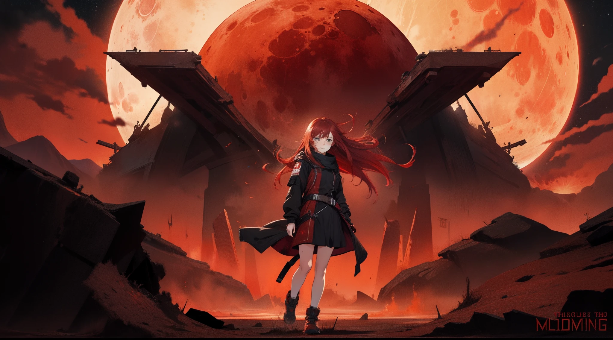 best quality, high quality, 1girl, long hair, (red hair:1.15), sidelocks, dark background, (mid shot, full body:1.2), the blood moon rises over an apocalyptic landscape, (wlop_style:0.7), blue, freckles