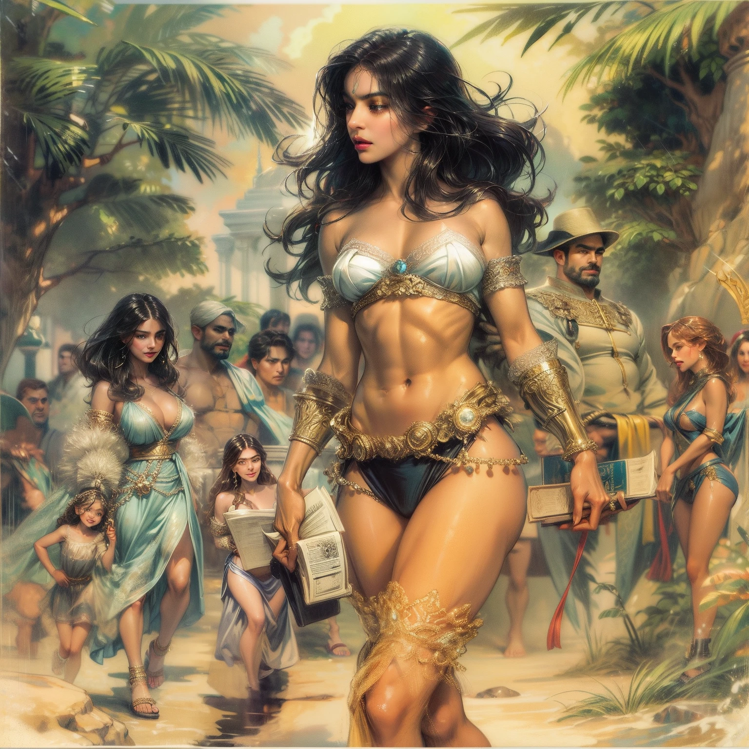 Arte por John Buscema similar. selvagem,mulher guerreiro, nua,cabelos negros compridos,olhos escuros sombrios,voluptuosa,usando tanga de tira, wearing sandals,caminhando em um riacho,corpo inteiro,livre