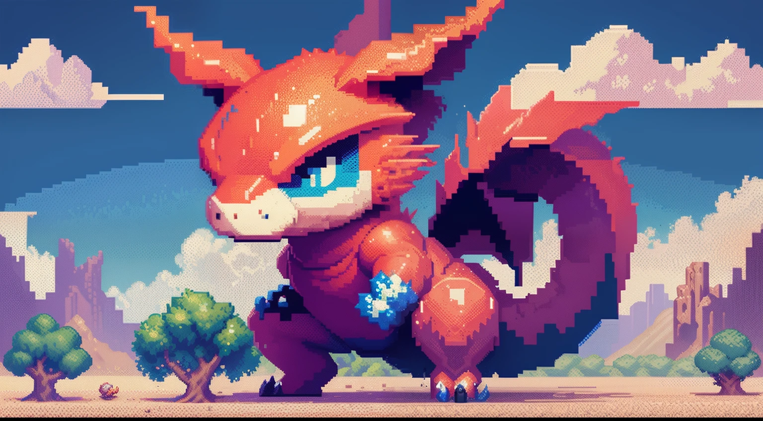 Pixel image of a dragon, A desert,blue-sky,baiyun,depth of fields,Dragon pixel art, 1 0 0 0 x 1 0 0 0 pixel art, pixel art sprite, videogame sprite, high quality pixel art, Pixel art vintage Digimon bitmap, For red and blue Digimon,Pixel uh, 32-bit pixel art, pixel art 8 - bit, pixelart style,Colors are vivid and highly saturated