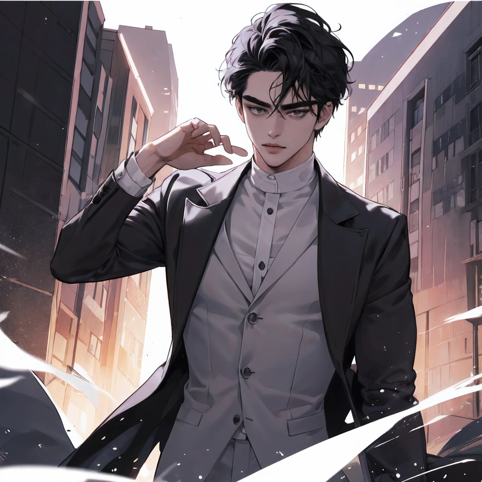 extremadamente detallado ,hombre atletico Alto y extremadamente guapo,figura de anime sombra, (usando un traje negro detallado), hermosos ojos negros brillantes, cabello negro corto, Muchos rayos, 4k, volumetic,cinematic lighting, contando dollar, dinero, Contar dinero, con billetes