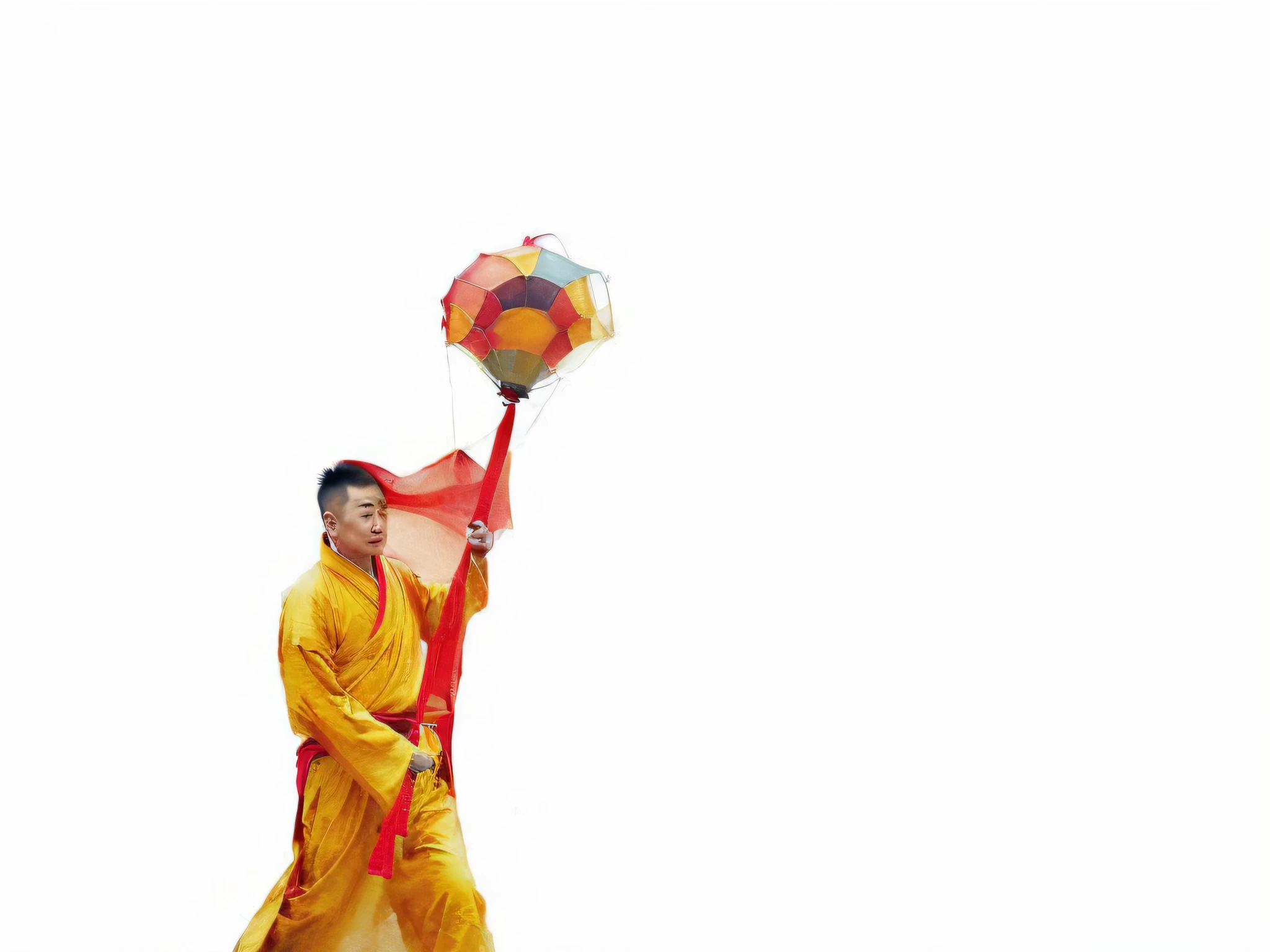 Dressed in yellow and red, Alatei holds a colorful kite, tai costume, Man with balloons, Taoist, Lu Ji, Inspired by Seki Dosheng, Chinese Warrior, inspired by Gong Xian, buddhist monk, carrying a magical staff, Daoism, traditional tai costume, nanquan, Wu Liu, Buddhist, taoist robe，mtu，Face details，author：Artgerm Ruan Jia和Greg Rutkowski，Digital photography, The art of surrealist wet paints