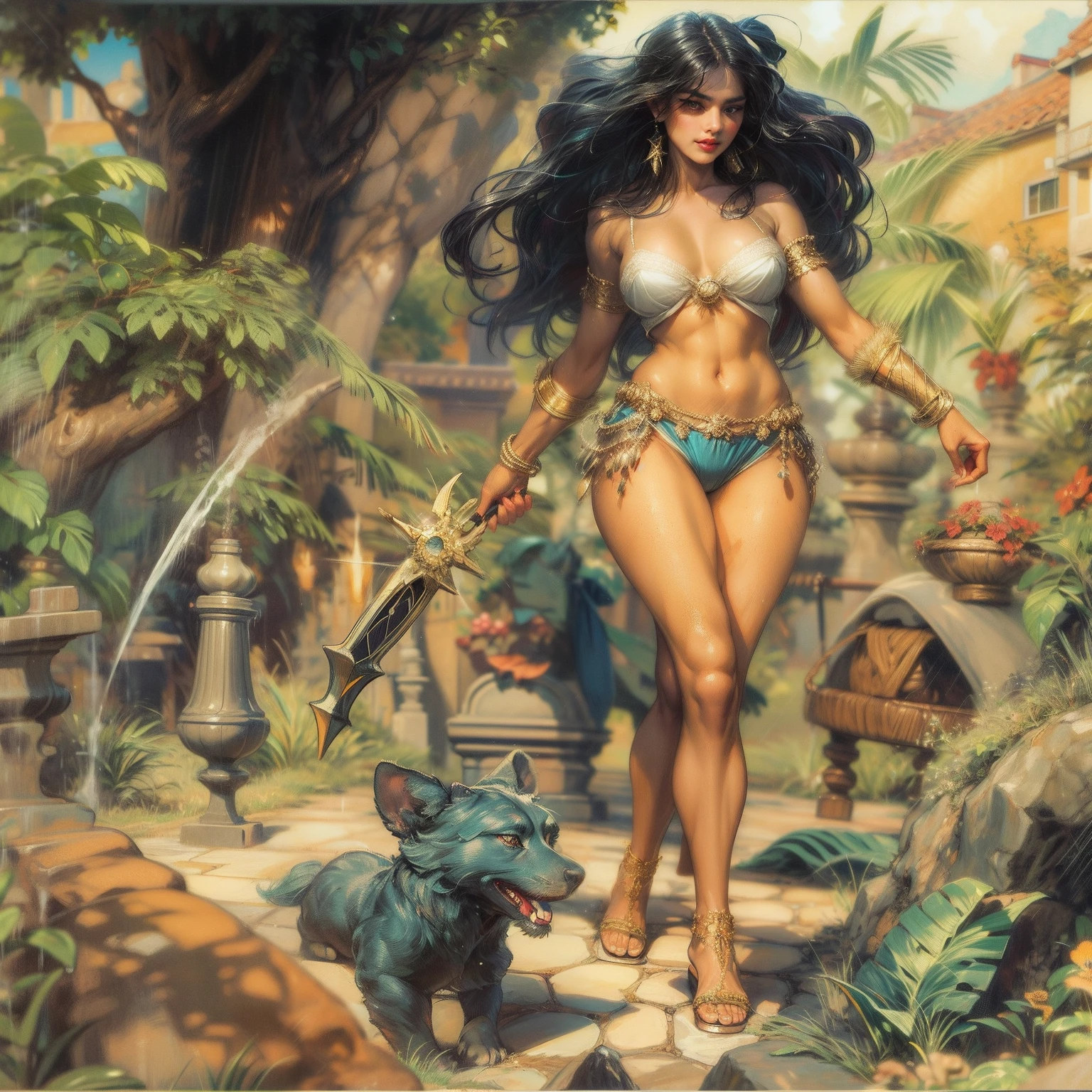 Arte por John Buscema similar. selvagem,mulher guerreiro, nua,cabelos negros compridos,olhos escuros sombrios,voluptuosa,usando tanga de tira, wearing sandals,caminhando em um riacho,corpo inteiro,livre