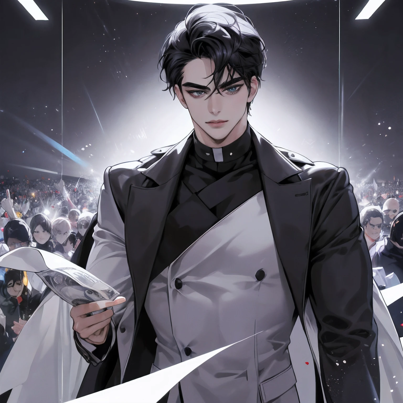 extremadamente detallado ,hombre atletico Alto y extremadamente guapo,figura de anime sombra, (usando un traje negro detallado), hermosos ojos negros brillantes, cabello negro corto, Muchos rayos, 4k, volumetic,cinematic lighting, contando dollar, dinero, Contar dinero, con billetes