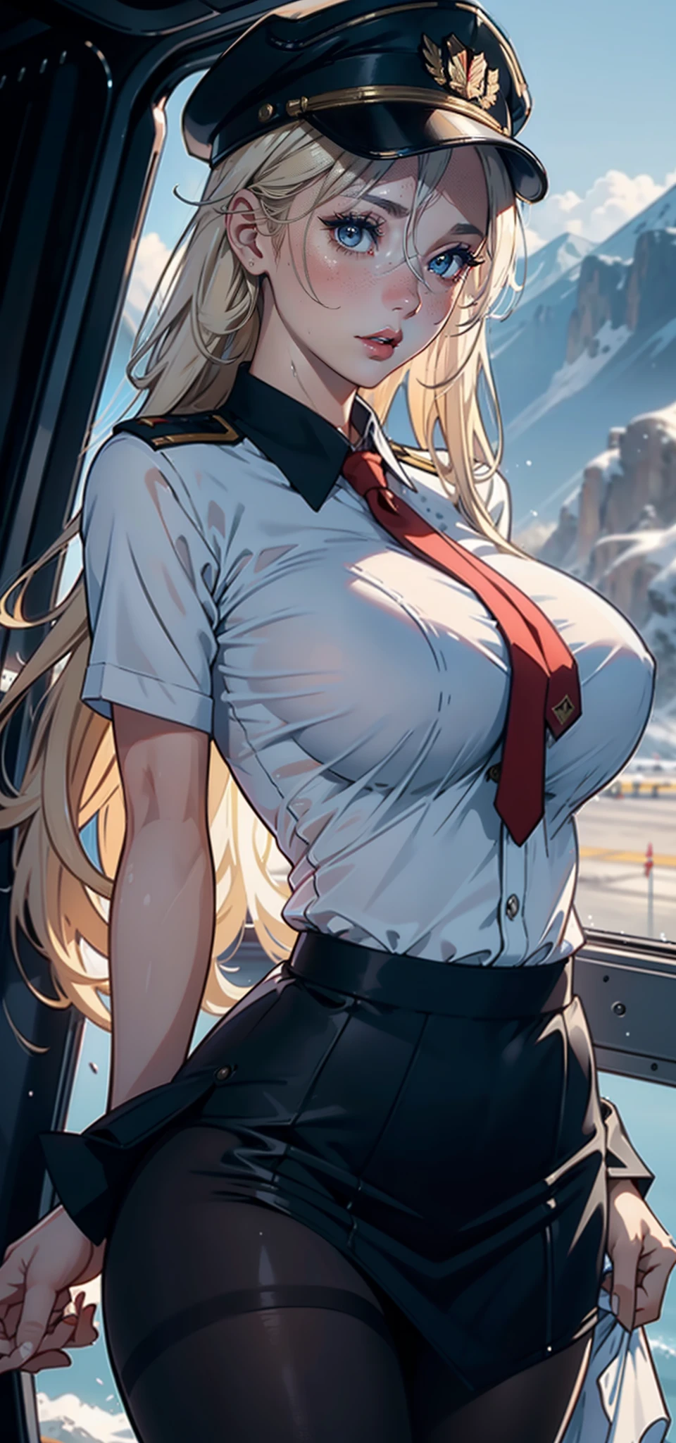 1womanl,33yo,熟妇,mature,extremely large bosom,Big breasts Thin waist,long leges,Raised sexy,Pornographic exposure, 独奏,Beauty contests,standing on your feet(Background with:aerodrome,snow mountains,Planes,at winter season,Blizzarding,Big snowflakes),in an airplane, She has long blonde hair,Long hair flutters in the wind,Redlip,dynamicposes,Sweat profusely,drenched all over the body,seen from the front, hair straight, mostly cloudy sky,(((tmasterpiece),(Very detailed CG unity 8K wallpaper),best qualtiy,cinmatic lighting,detailed back ground,beatiful detailed eyes,Bright pupils,(Very fine and beautiful),(Beautiful and detailed eye description),Black eyes,Redlip,ultra - detailed,tmasterpiece,)),facing at camera,(The upper part of the body),A high resolution,ultra - detailed),revealing breasts,Bare genitalia, Bulge,legs are open,sexyposture,Camel toes,Flushed complexion,Open-mouthed,frontage,Soviet flight attendant,Boat-shaped cap(Wearing:White transparent flight attendant uniform,Black sock skirt,Bare breasts,Bare genitalia)
