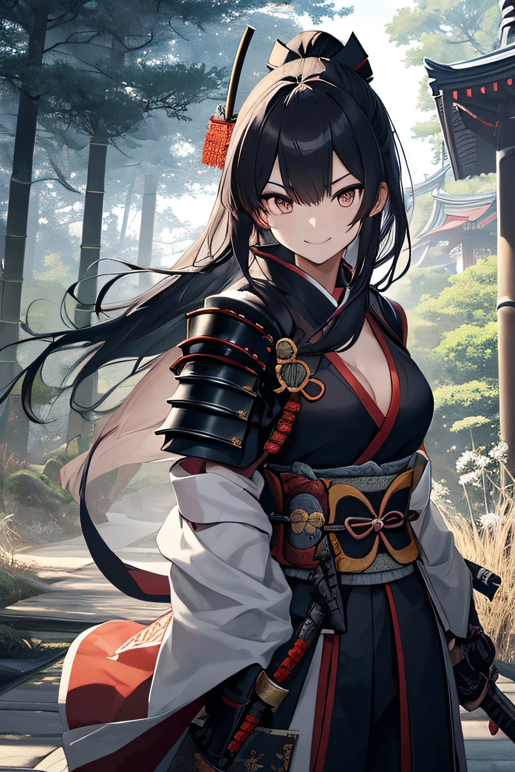 Beautiful Japan scenery spreads out on the battlefield of the Edo period、Sexy female samurai standing。 The charming samurai wears simple kimonos and simple armor.、In his hand he holds a Japan sword。 Blue in the countryside々A bamboo forest spreads out、A gentle breeze is blowing up to the castle that can be seen in the distance。 Samurai with cleavage visible、Pay attention to enemies creeping around。 A smile appeared on the face of the fiery samurai.、Tension and anticipation are mixed before the battle。 The blade of the Japan sword glows lightly、Depict the moment when the light movements of a lightly dressed samurai dance beautifully in battle.。 Use this prompt to、Lightly armed female sexy samurai becomes one with nature、Draw a moment of battle。