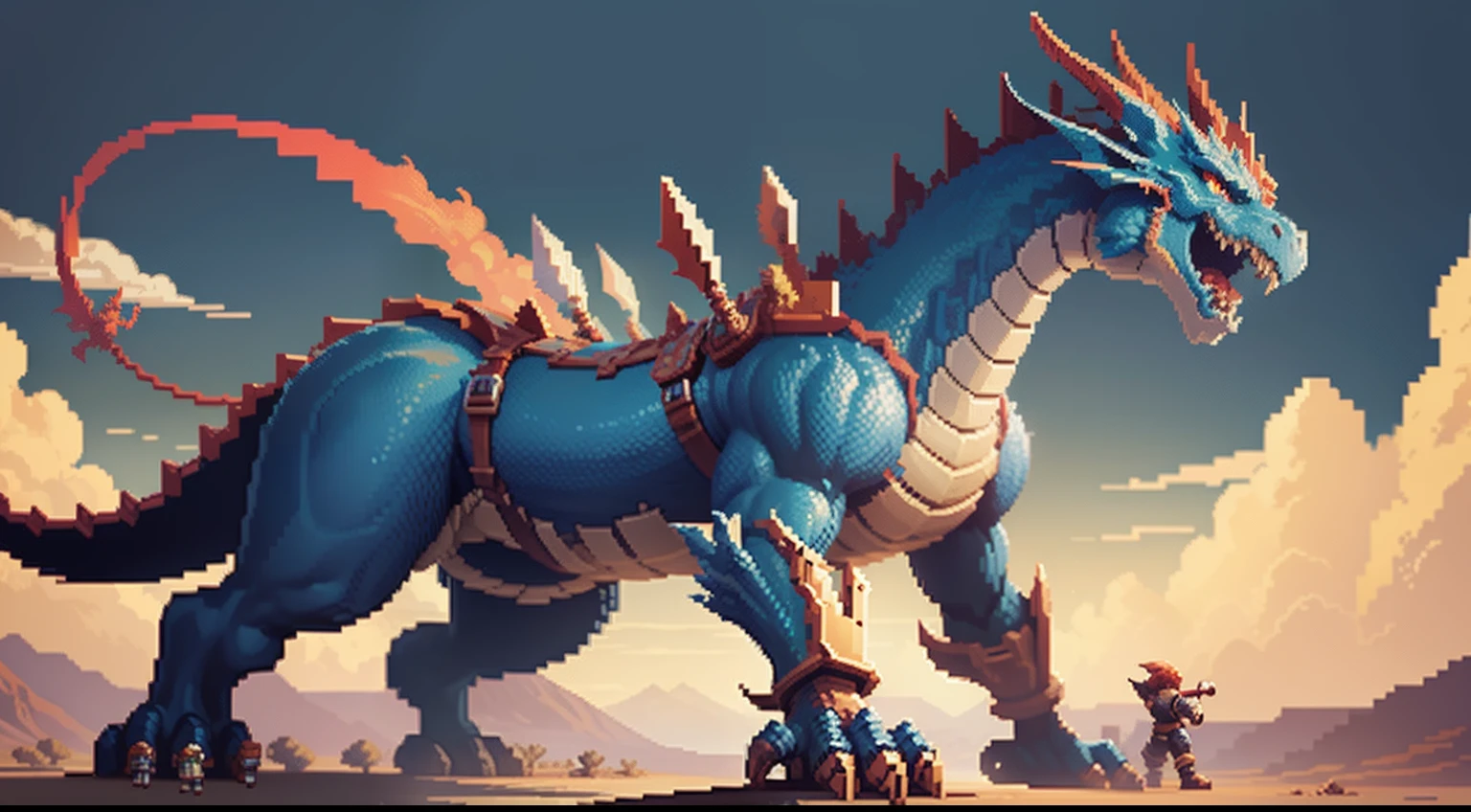 drak,Humanity,warrior,Dragon slaying,combats,A desert,blue-sky,baiyun,depth of fields,Dragon pixel art, 1 0 0 0 x 1 0 0 0 pixel art, pixel art sprite, videogame sprite, high quality pixel art, Pixel art vintage Digimon bitmap, For red and blue Digimon,Pixel uh, 32-bit pixel art, pixel art 8 - bit, pixelart style,Colors are vivid and highly saturated