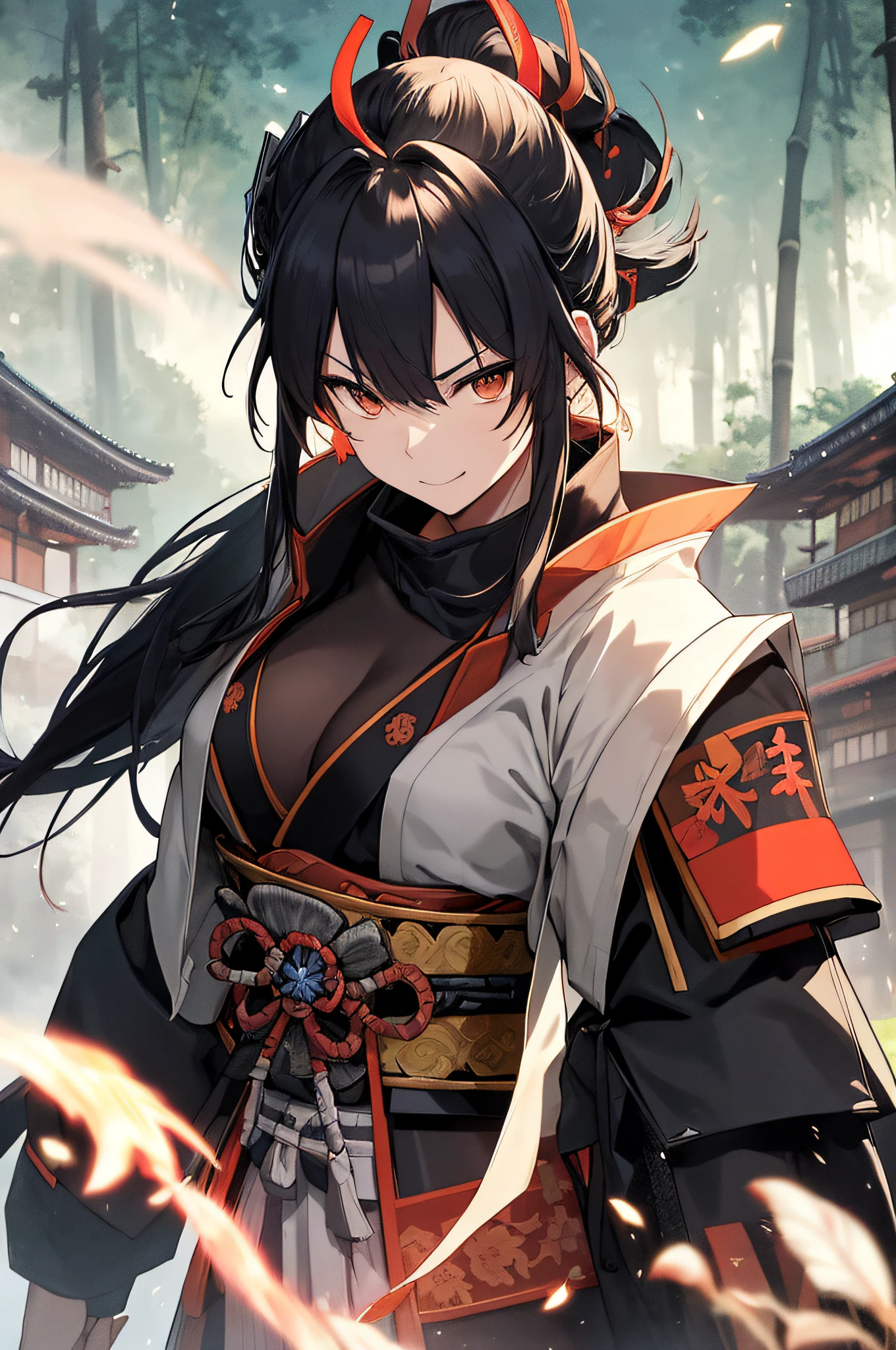 Beautiful Japan scenery spreads out on the battlefield of the Edo period、Sexy female samurai standing。 The charming samurai wears simple kimonos and simple armor.、In his hand he holds a Japan sword。 Blue in the countryside々A bamboo forest spreads out、A gentle breeze is blowing up to the castle that can be seen in the distance。 Samurai with cleavage visible、Pay attention to enemies creeping around。 A smile appeared on the face of the fiery samurai.、Tension and anticipation are mixed before the battle。 The blade of the Japan sword glows lightly、Depict the moment when the light movements of a lightly dressed samurai dance beautifully in battle.。 Use this prompt to、Lightly armed female sexy samurai becomes one with nature、Draw a moment of battle。