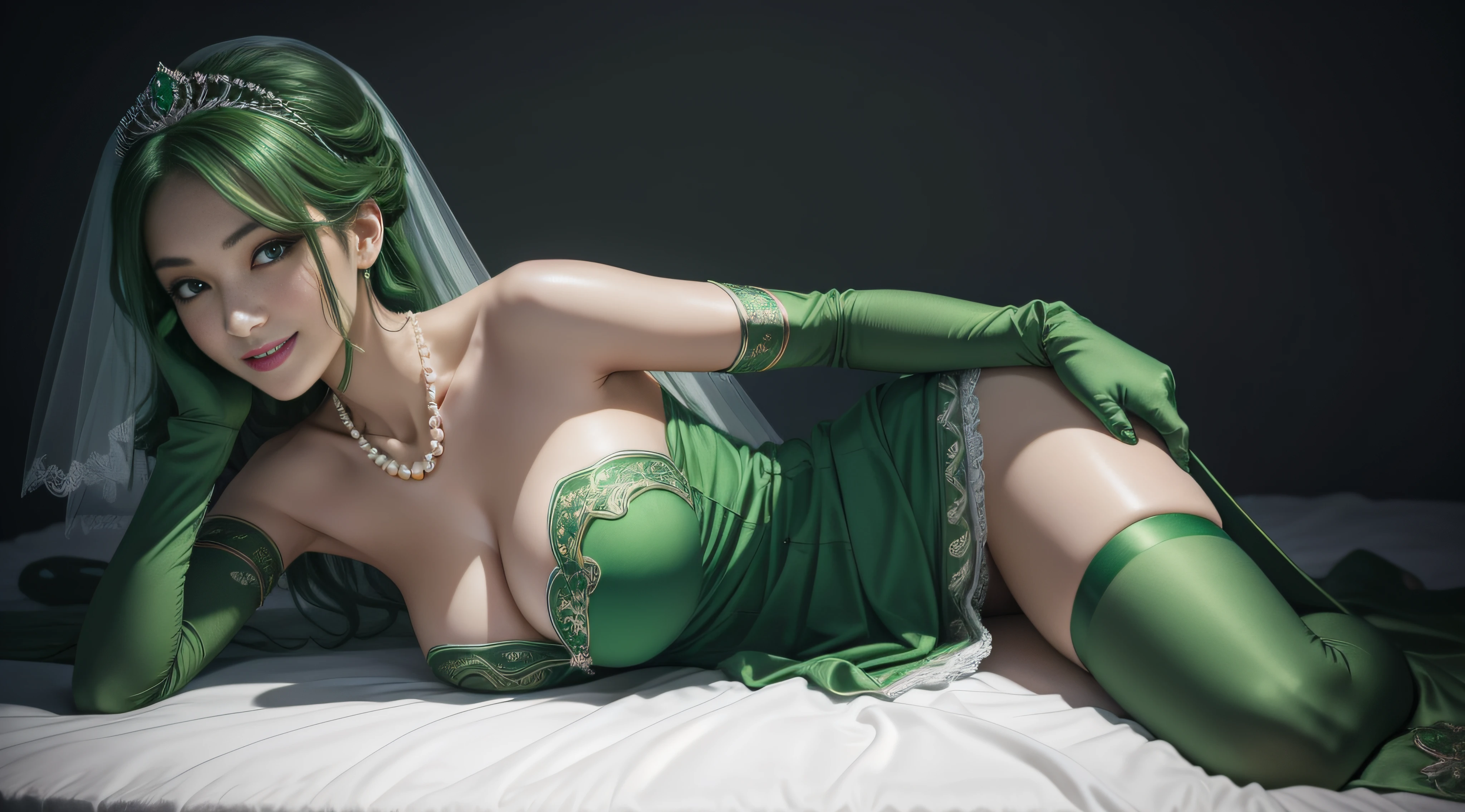 studio lights、depth of fields、The upper part of the body、A slender、cute face、A smile、Beautiful detail eyes、Green Dress Flower Cleanser,Sense of atmosphere, best qualtiy,tmasterpiece,1girll,30-years old,Green dress,Daytime Church,full body Esbian, Green gloves,With short green hair,big breasts beautiful,looking at viewert,ssmile,Green Bridal Veil,Green Long Grove,Satin green long gloves, lipsticks, Pearl Necklace、Green gloves, emerald tiara, A Japanese Lady, the kiss, Pregnancy
