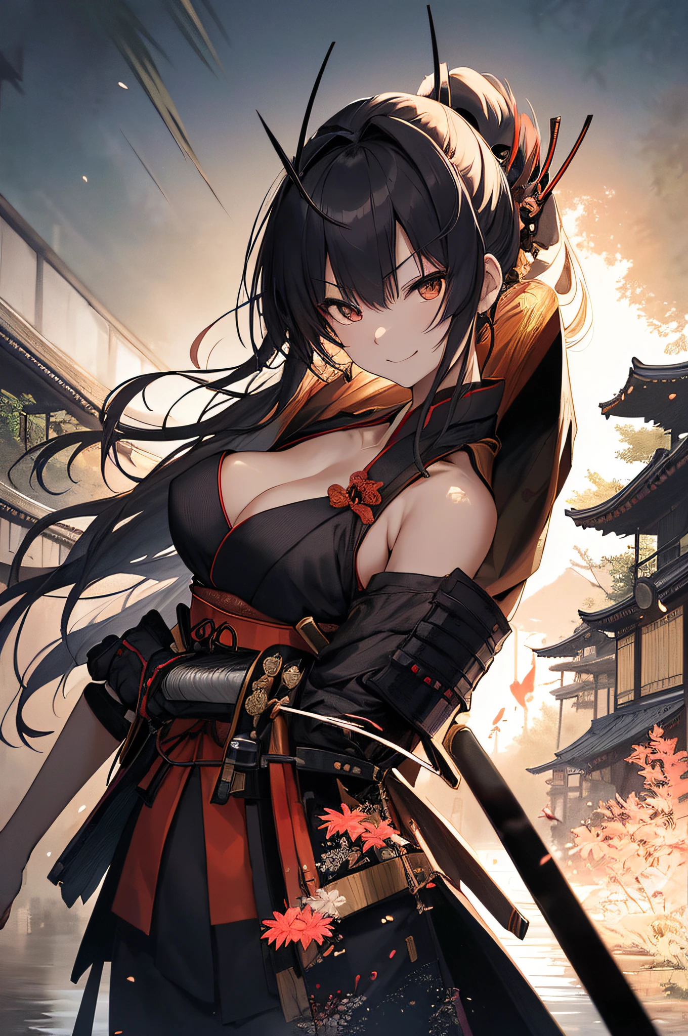 Beautiful Japan countryside、Sexy female samurai standing。 The samurai were dressed in simple kimonos and simple armor.、In his hand he holds a Japan sword。 Blue in the countryside々A bamboo forest spreads out、A gentle wind is blowing。 Samurai with cleavage hides in the grass、Pay attention to enemies creeping around。 A smile appeared on the face of the fiery samurai.、Tension and anticipation are mixed before the battle。 The blade of the Japan sword glows lightly、Depict the moment when the light movements of a lightly dressed samurai dance beautifully in battle.。 Use this prompt to、Lightly armed female sexy samurai becomes one with nature、Draw a moment of battle。