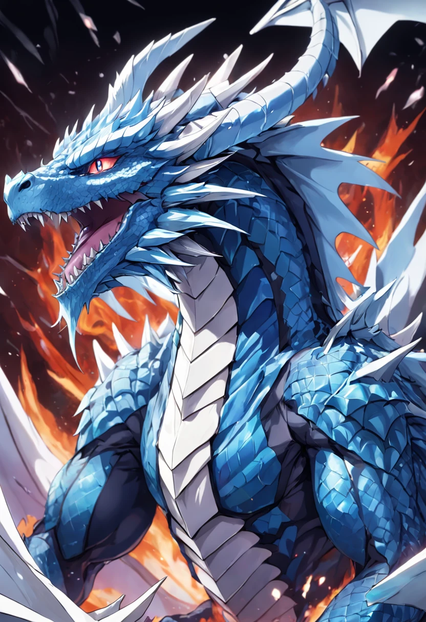 Close-up of a dragon with a large head,Blue-eyed White Dragon Tenryu,Huge dragon background,yugioh art style,Legendary Dragon,colossal dragon in background,Crystal Dragon,yugioh card,sliver ice color reflected armor。