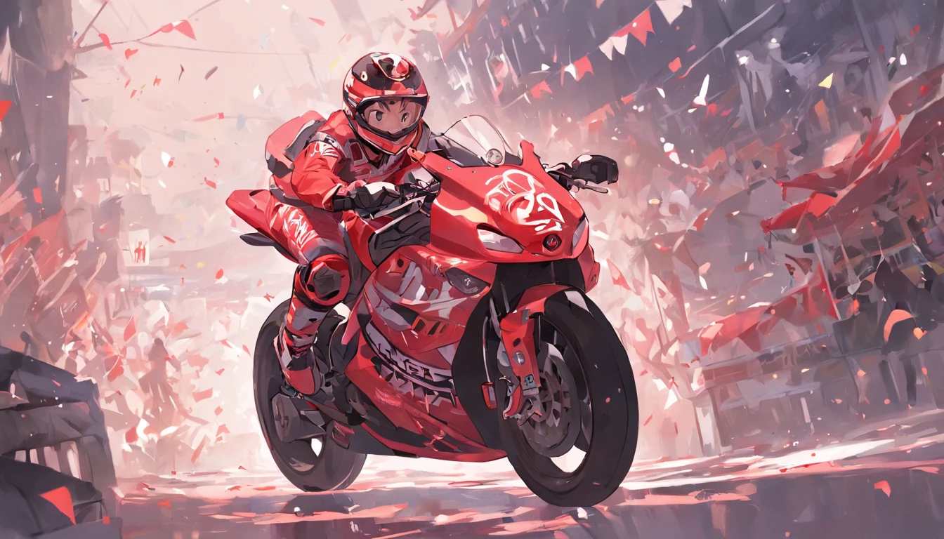 (((tmasterpiece))),((best qualtiy)),a poster,Racing poster,A rider rides a motorcycle,Single drawing,Consists of a small number of elements,Children's poster,(Red and black color scheme:1.5),the motorcycle,finish line,Exaggerated roads,Cartoony,Minimalist poster design,Simple,Highlight the center of the picture,stick figure for kids,stickfigure,scribbles,Cartoon drawing,Children's drawing,Simple lines,(Plain background:1.2)