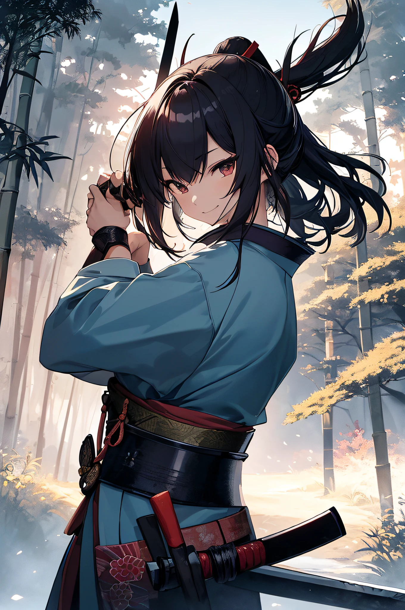 Beautiful Japan countryside、Sexy female samurai standing。 Sexy samurai wearing simple kimono and rustic armor、In his hand he holds a Japan sword。 Blue in the countryside々A bamboo forest spreads out、A gentle wind is blowing。 Sexy samurai hides in the grass、Pay attention to enemies creeping around。 A smile appears on the face of a sexy samurai、Tension and anticipation are mixed before the battle。 The blade of the Japan sword glows lightly、Depict the moment when the nimble movements of a sexy samurai dance beautifully in battle。 Use this prompt to、Lightly armed female sexy samurai becomes one with nature、Draw a moment of battle。