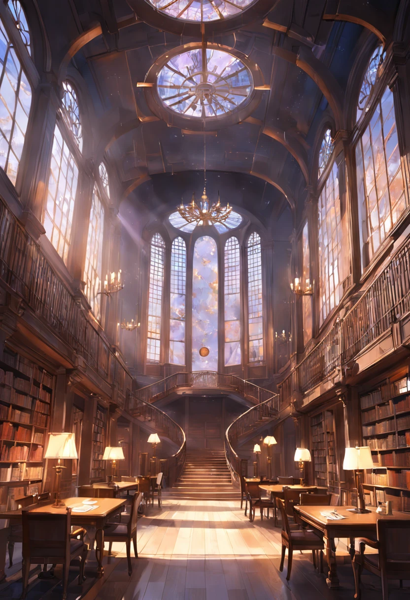 outstanding,European style building interior,The background is the library,There are transparent windows on the walls,There are European-style lamps on both sides,There are handheld stairs on the left and right,There is a table in the foreground,There was an open book on the table