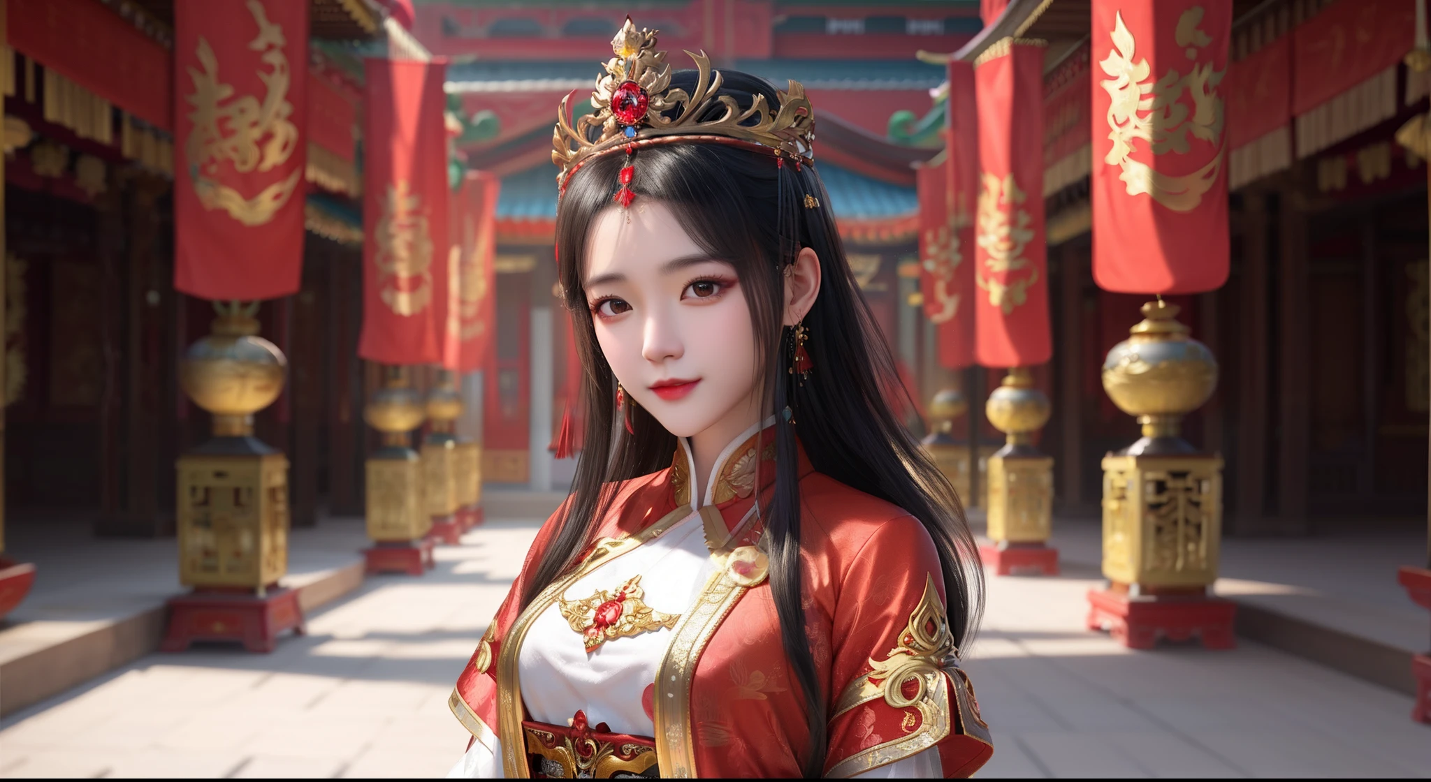 Dressed in red and gold，Allard Asian woman wearing a crown, a beautiful fantasy empress, Palace ， A girl in Hanfu, China Princess, Guviz-style artwork, ((a beautiful fantasy empress)), trending on cgstation, chinese empress, chengwei pan on artstation, cgsociety and fenghua zhong