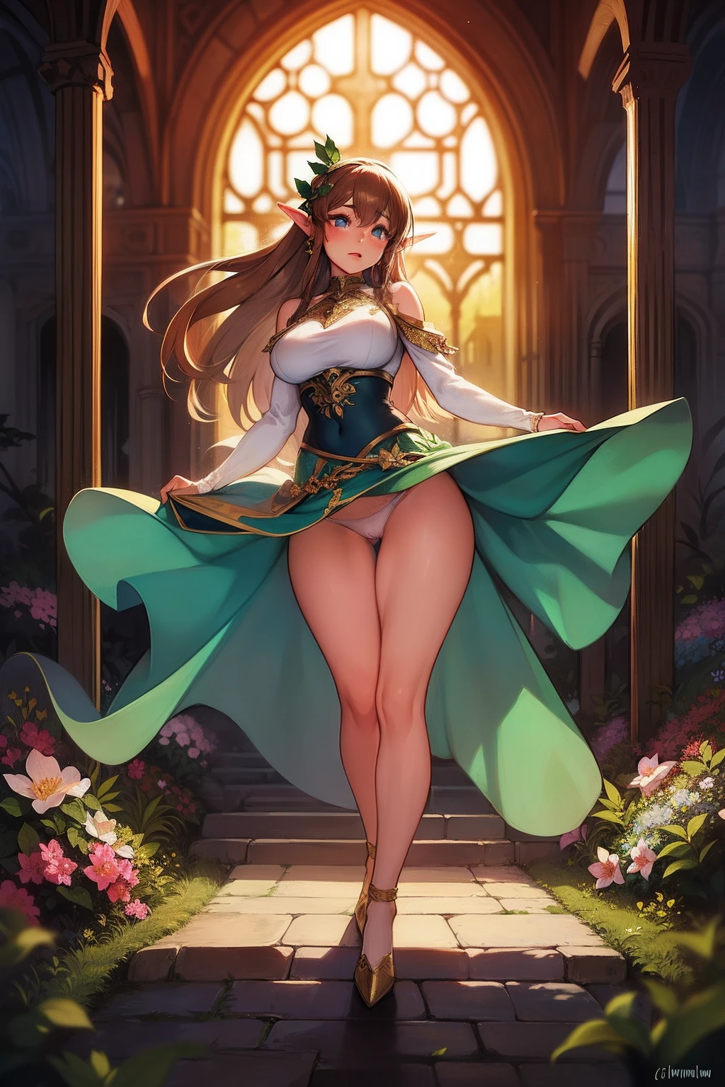 ""He builds a high-quality image that stands out for his exceptional skill in the play of light and shadow. The protagonist, an enigmatic medium-breasted forest elf, is presented with perfect anatomy, brown hair adorned with golden highlights, and captivating light blue eyes. (whole body). The fully exposed figure of her is shown wearing a green schoolboy medieval elf outfit and pink miniskirt. , with detailed embroidery of leaves and flowers in gold thread. Magical lighting envelops the elf, enhancing her serene presence of her and creating an atmosphere of mystery.
She poses as she subtly lifts her skirt revealing her tight white panties, the flowers bloom as she opens her blouse and bars her breasts, letting them fall seductively. Her hair and dress de ella billow gracefully, creating a choreography of shadows and movement. The image masterfully fuses erotic and medieval elements with a modern university touch, offering the viewer a window into an enchanted and magical world where beauty and magic converge.."