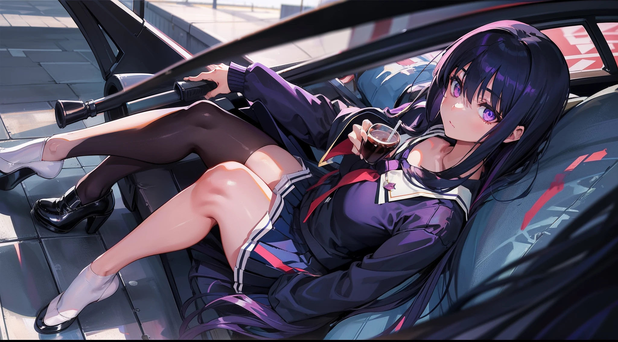 Long dark blue hair, Purple eyes, Black pleated skirt，Inside was a white sailor suit，Wearing black pantyhose, Plump body, An anime character, Only one person，Drinking brown drinks on the street