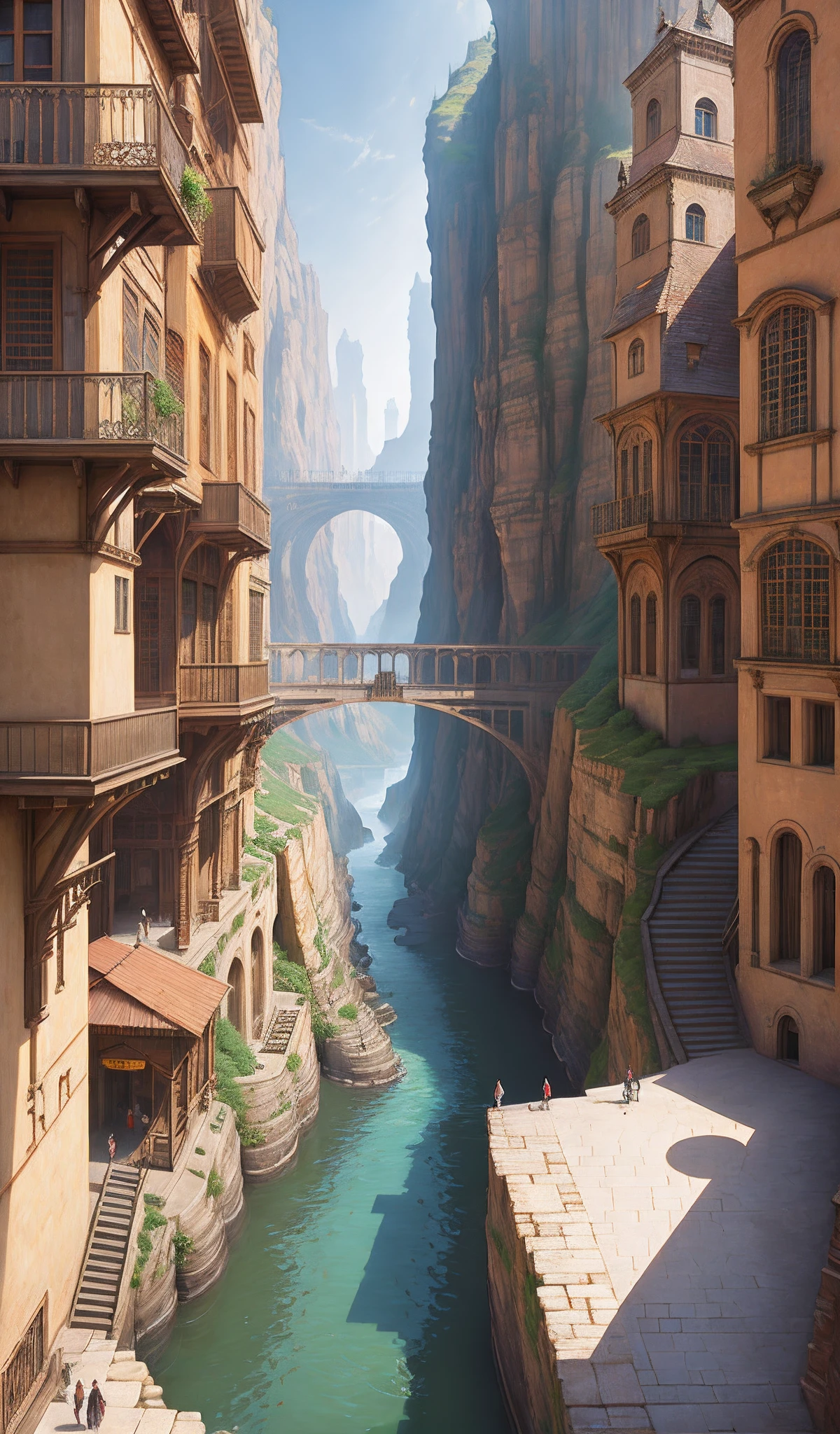 ((masterpiece)),((best quality)),((high detial)),((realistic,)) Industrial age city, deep canyons in the middle, architectural streets, bazaars, Bridges, rainy days, steampunk, European architecture