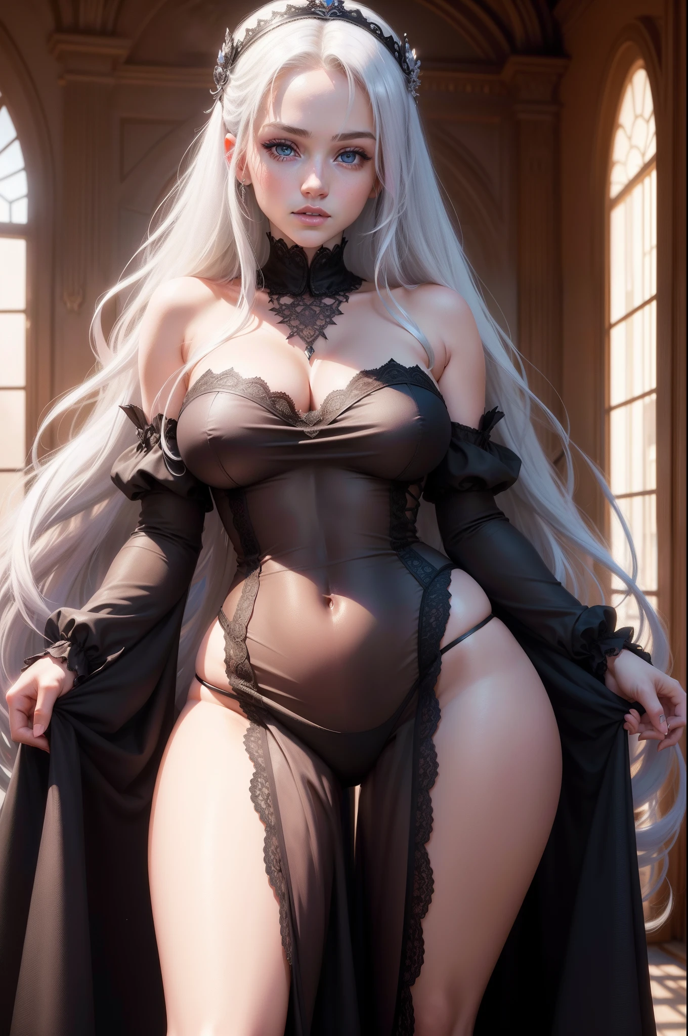 photo of (CyberDutch_V2:0.99), a woman as a sexy TikTok influencer, modelshoot style, (extremely detailed CG unity 8k wallpaper), photo of the most beautiful artwork in the world, professional majestic (photography by Steve McCurry), 8k uhd, dslr, soft lighting, high quality, film grain, Fujifilm XT3 sharp focus, f 5.6, High Detail, Sharp focus, dramatic, Wearing a sheer sundress, (looking at viewer:1.2), (detailed pupils:1.3), (natural light), (closeup:1.2), (seductive) , Very long white Hair, Purple Eyes, photo realism, Castle, Instagram Model, Real Woman, Naked, Game of Thrones, Curvy body, Fantasy, Visible, Heterochromia, Ariana Grande