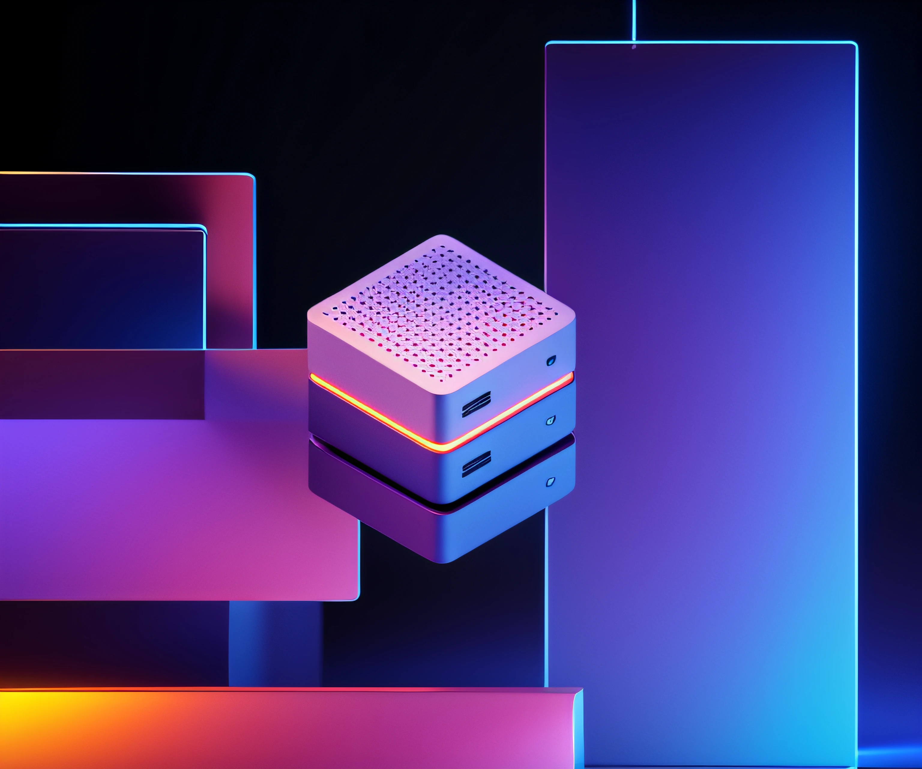 There is a small device in the middle，There is an orange stripe on it, Business style，Tech Style，computer render, computer render, 3d computer render, isometric 8k, hd render, on a dark background, on simple background, 8k computer render, high quality rendering, 3d 8k octan render, in simple background, High rendering, twinmotion render