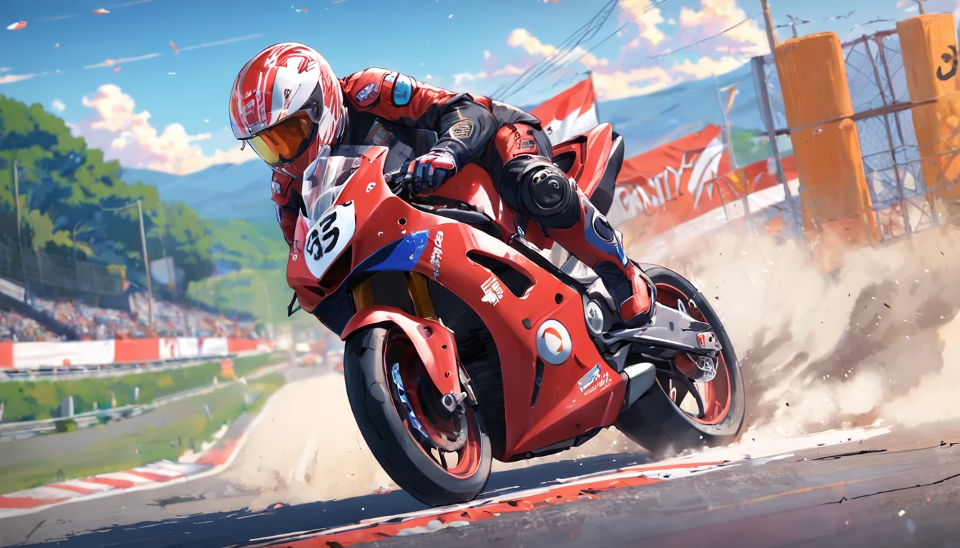 （((tmasterpiece))),（（best qualtiy）），a poster，Racing poster，Rider riding motorcycle，Single drawing，Consists of a small number of elements，Children's poster，（Red and black color scheme：1.5），the motorcycle，finish line，Exaggerated roads，Cartoony,Minimalist poster design，Simple，Highlight the center of the picture，stick figure for kids，stickfigure，scribbles,Cartoon drawing，Children's drawing，Simple lines，（Plain background：1.2）