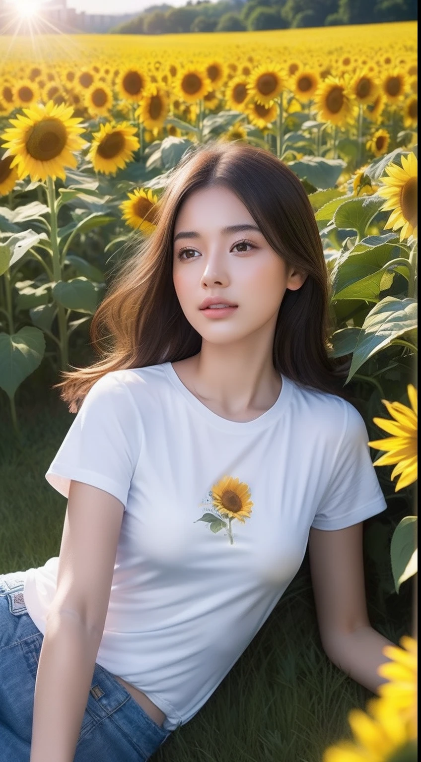 (corpo altamente detalhado, rosto altamente detalhado, melhor qualidade: 1.2), uma mulher, olhar para o espectador, (moletom, (Background Studio photo graphic: 1.4) sunflower plantation,por do sol no fundo,